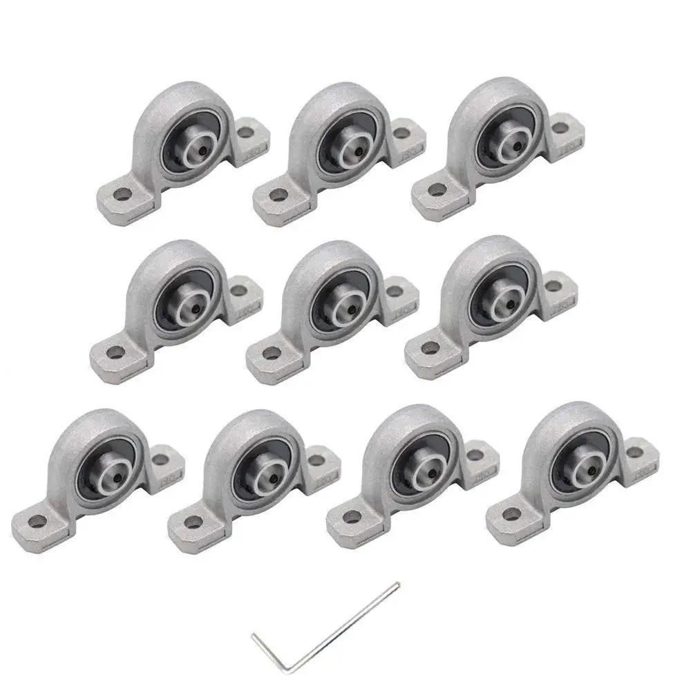 Ten Pack Pillow Block Bearings With 8 Mm Bore Ball Mounted Inserts In Zinc Alloy Beefy Heavy Duty Industrial Grade 55 X 28 X 13 Mm Size 8 Mm Inner Diameter 21 Mm Outer Diameter 5 Mm Mounting Holes 44 Mm Center Distance Silver displayed on white background with an allen key included.