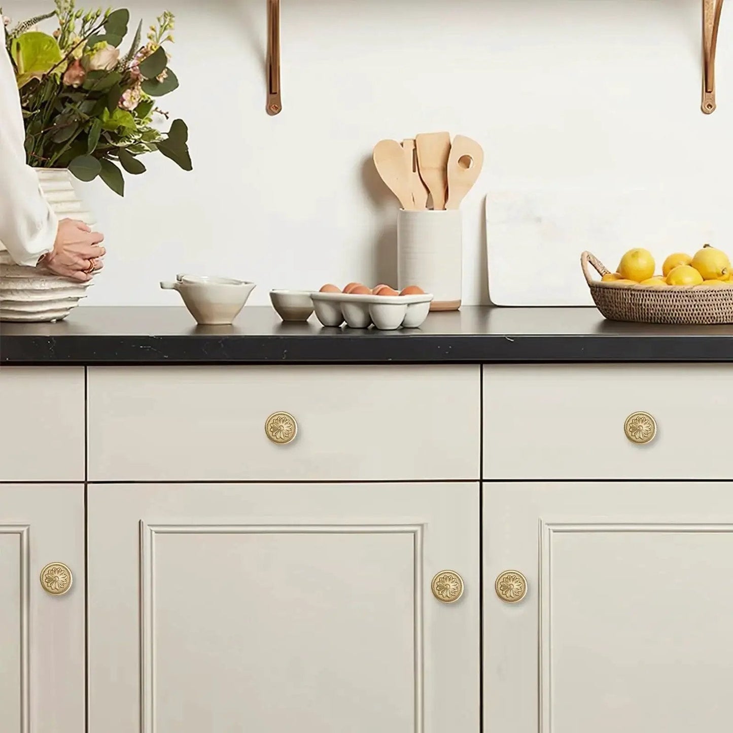 2 Pack 2.5 Inch Brushed Brass Cabinet Knobs With Vintage Backplates installed on kitchen cabinets