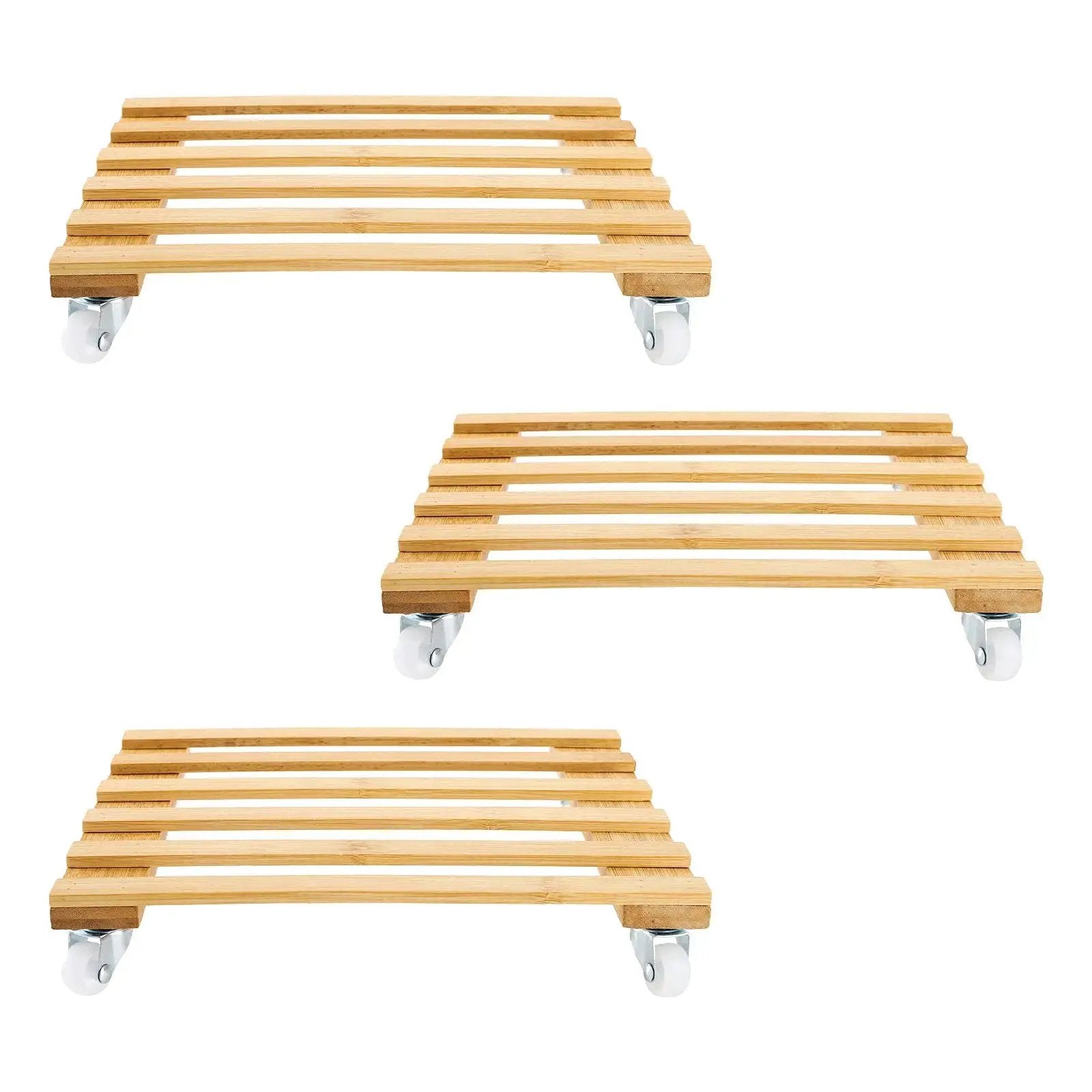 Three Pack Bamboo Plant Caddies With Rolling Wheels, 12 Inch Square Plant Stands On Universal 360 Degree Rotating Dollies