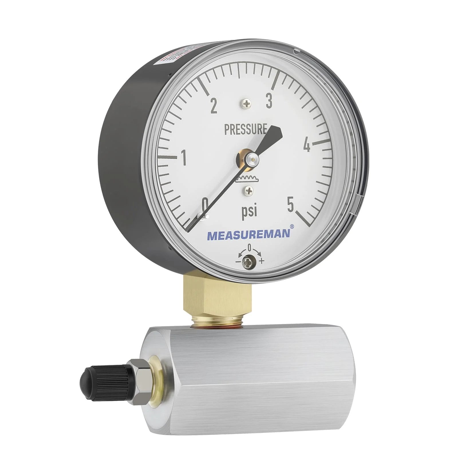 Low Pressure Capsule Diaphragm Gauge With Adjustable 0 To 5 Psi Range, Two And A Half Inch Dial, Black Steel Case, MeasureMan