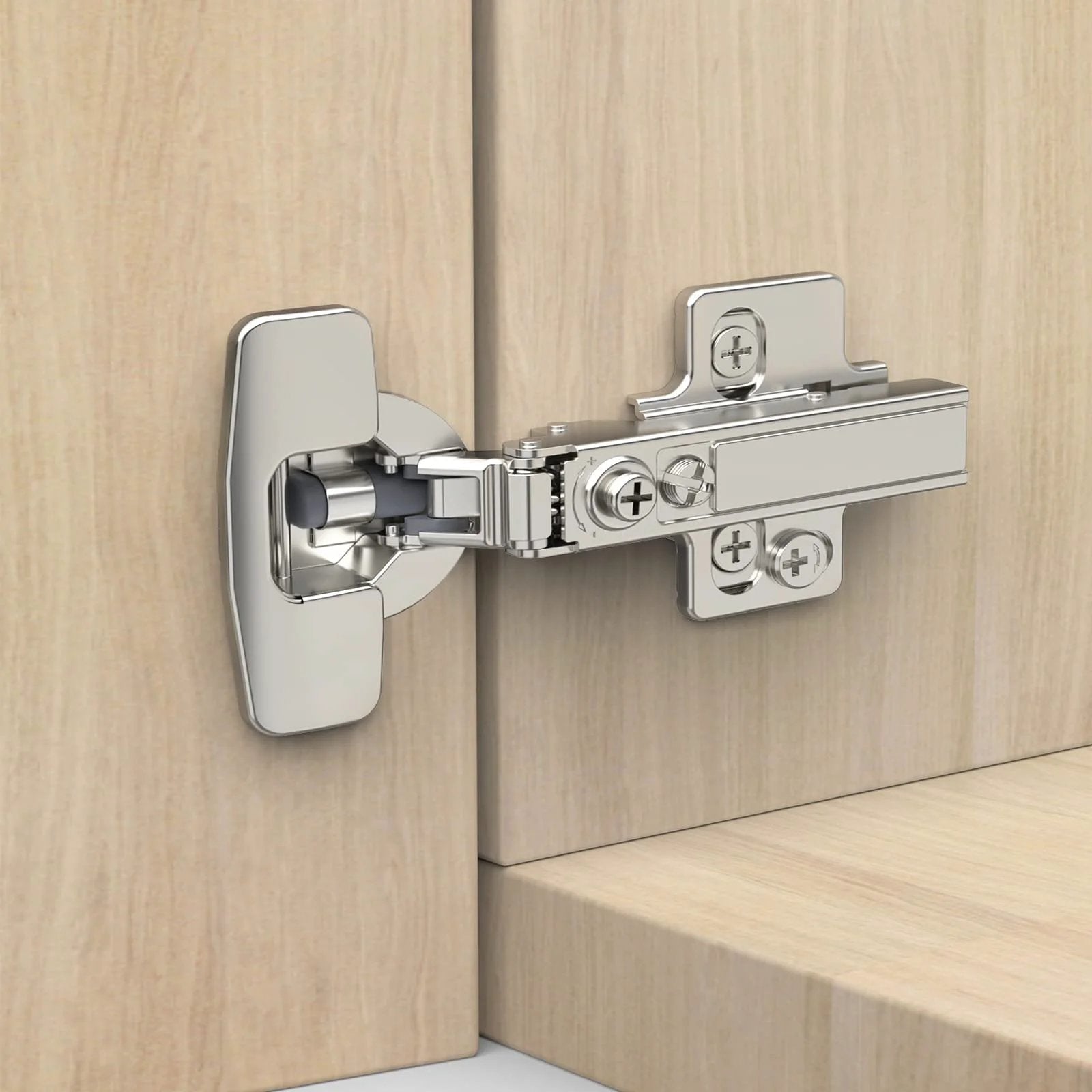 Frameless Full Overlay Cabinet Hinges With Soft Close Self Closing, satin nickel finish, installed on European style cabinet door