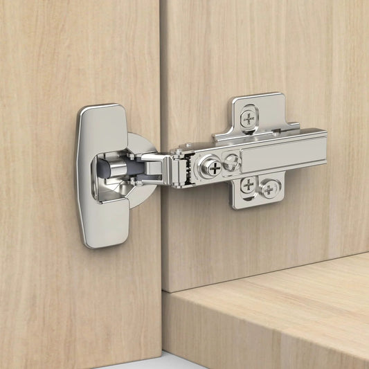 Frameless Full Overlay Cabinet Hinges With Soft Close Self Closing, satin nickel finish, installed on European style cabinet door