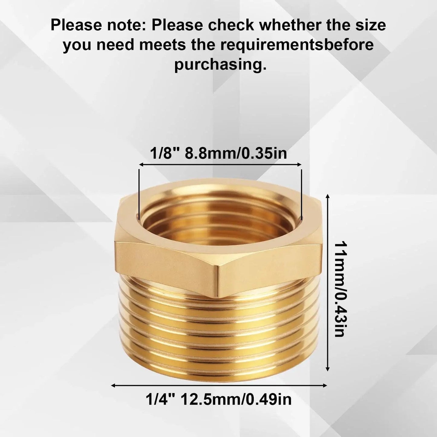 Brass Hex Bushing Reducer One Quarter Inch NPT Male To One Eighth Inch NPT Female Pipe Fitting Adapter with measurements displayed