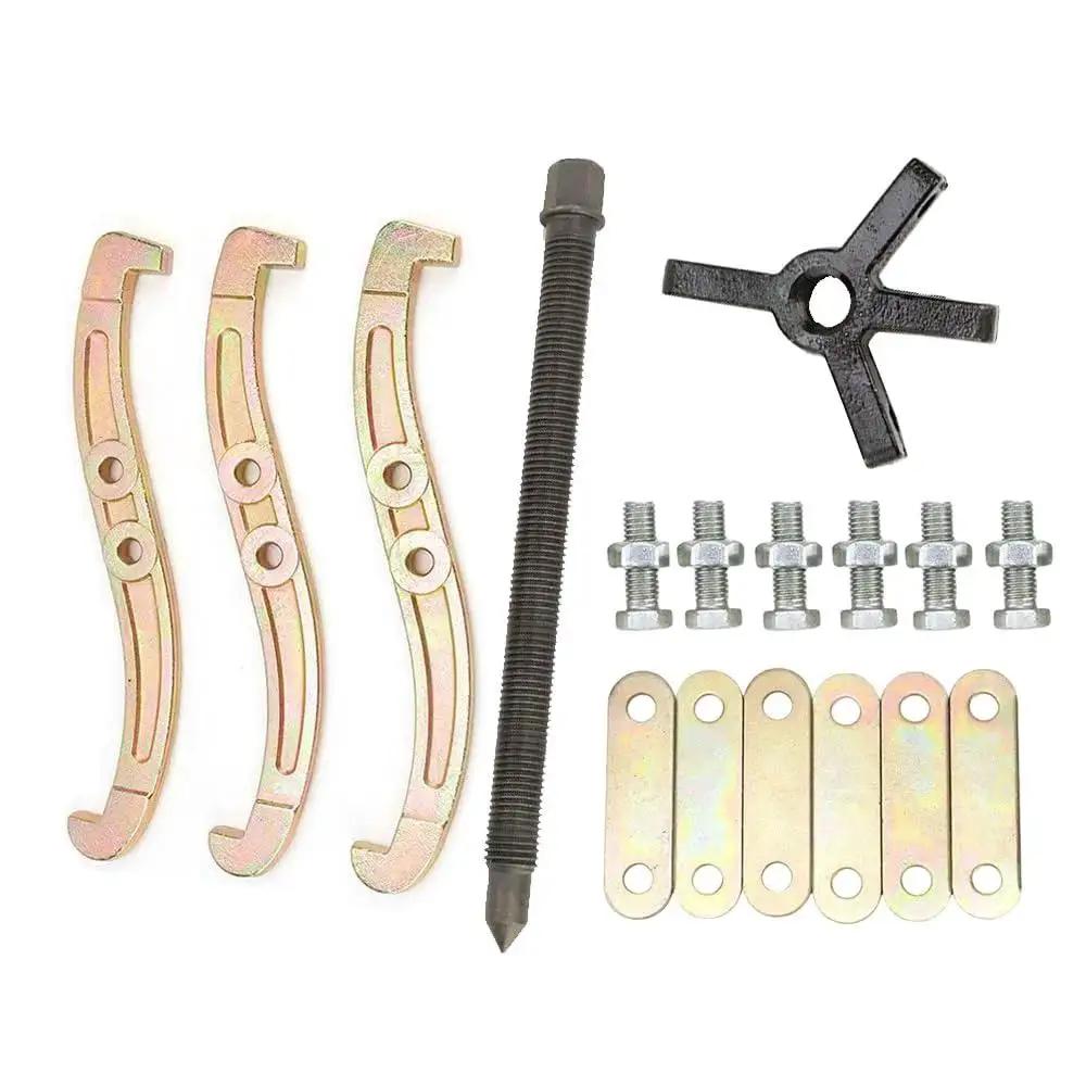 Convertible Three To Two And Three Jaw Gear Puller parts laid out, including bolts, reversible jaws, and main shaft, ideal for tight spaces