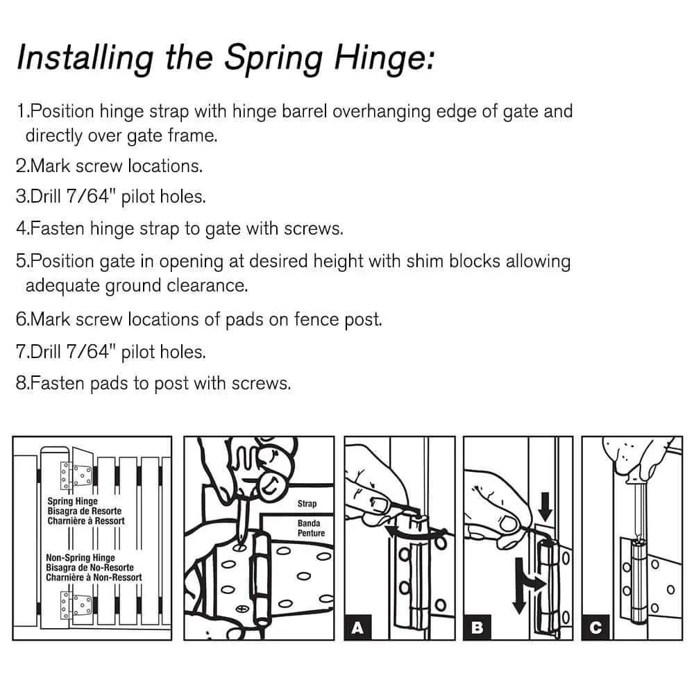 Diagram showing installation steps for the Self Closing Gate Hardware Kit with Self Locking Gate Latch and Hinges.