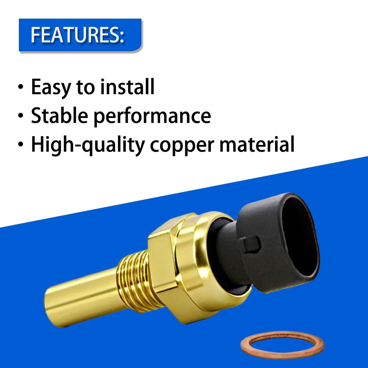 Engine Coolant Temperature Sensor Compatible With Chevy SUVs And Trucks Including Avalanche Impala Trailblazer Suburban 1500 2500 HD Express Silverado GMC Envoy Sierra Yukon Savana Saturn ABIGAIL Quality Replacement Sensor close-up view showing the copper sensor and washer.