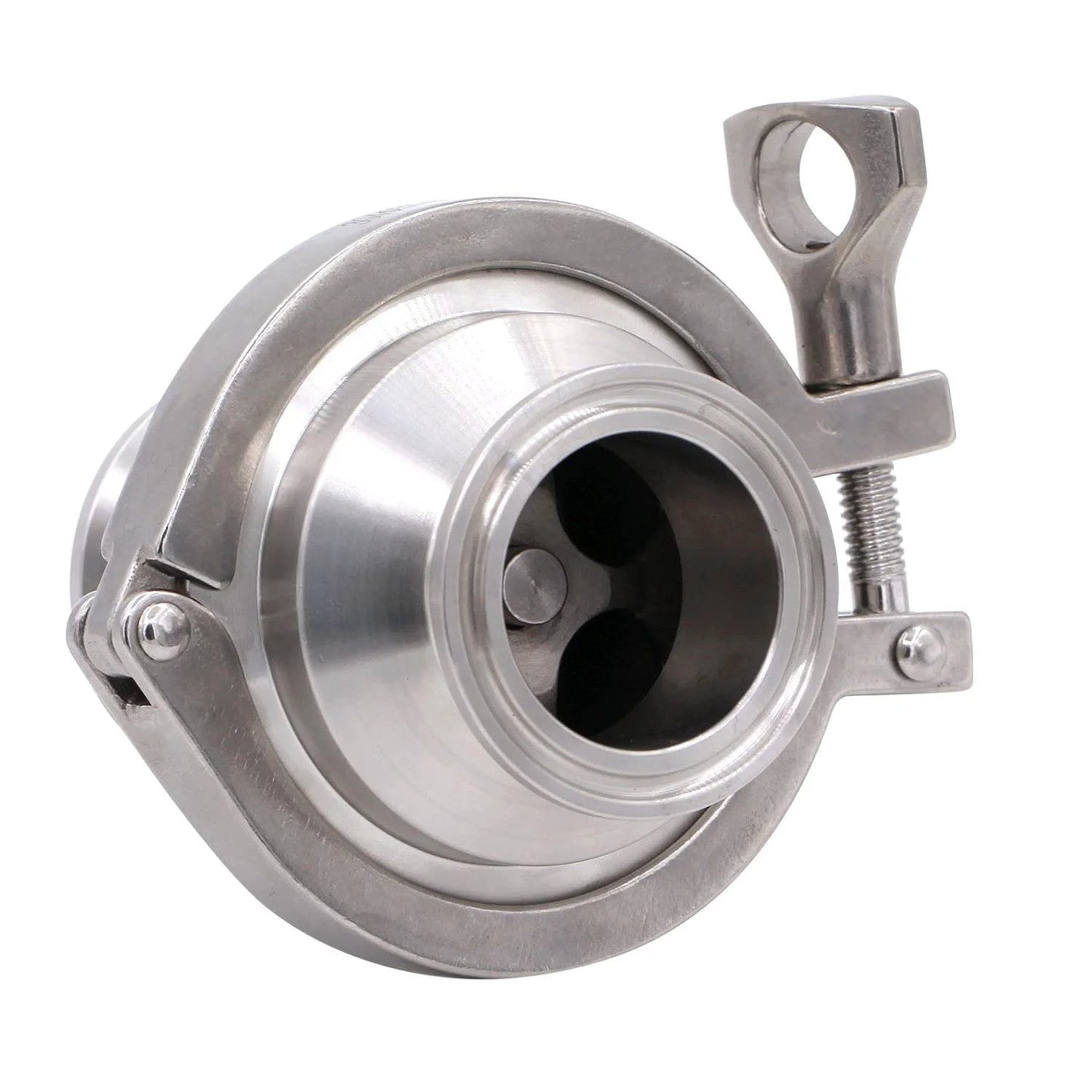 Front view of 1.5 Inch Tri Clamp Sanitary Check Valve One Way Flow Stainless Steel 304 with FKM Gasket, 130 C Max Temp, 145 PSI