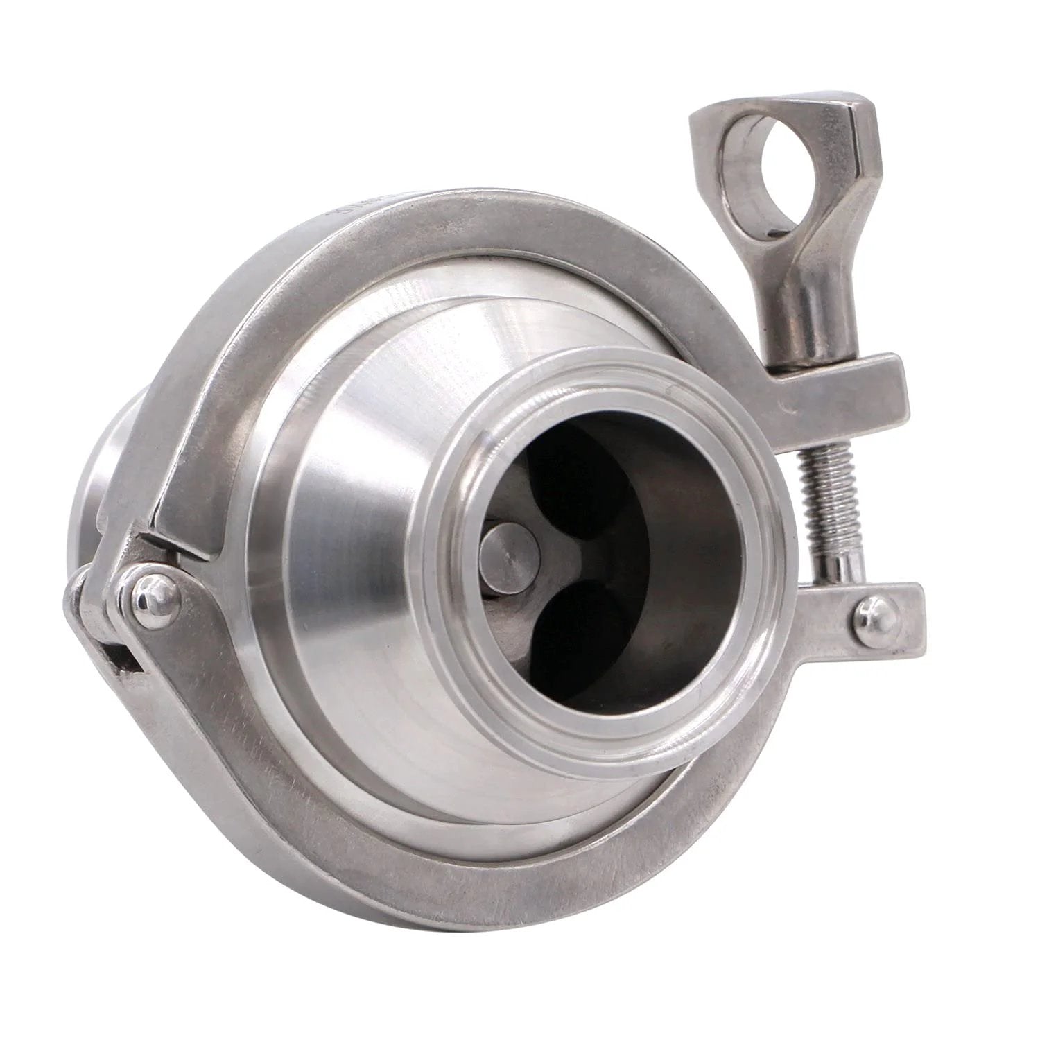 Front view of 1.5 Inch Tri Clamp Sanitary Check Valve One Way Flow Stainless Steel 304 with FKM Gasket, 130 C Max Temp, 145 PSI