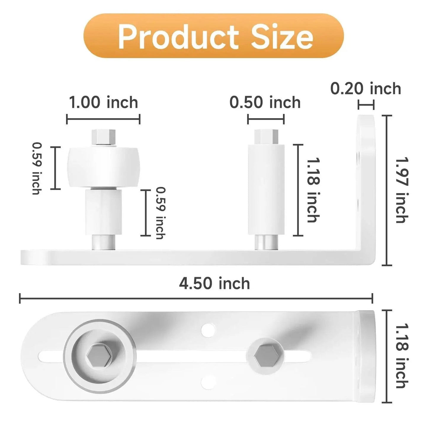 2 Pack Sliding Barn Door Floor Guide With Adjustable Rollers Durable Aluminum Barn Door Hardware in white, dimensions shown