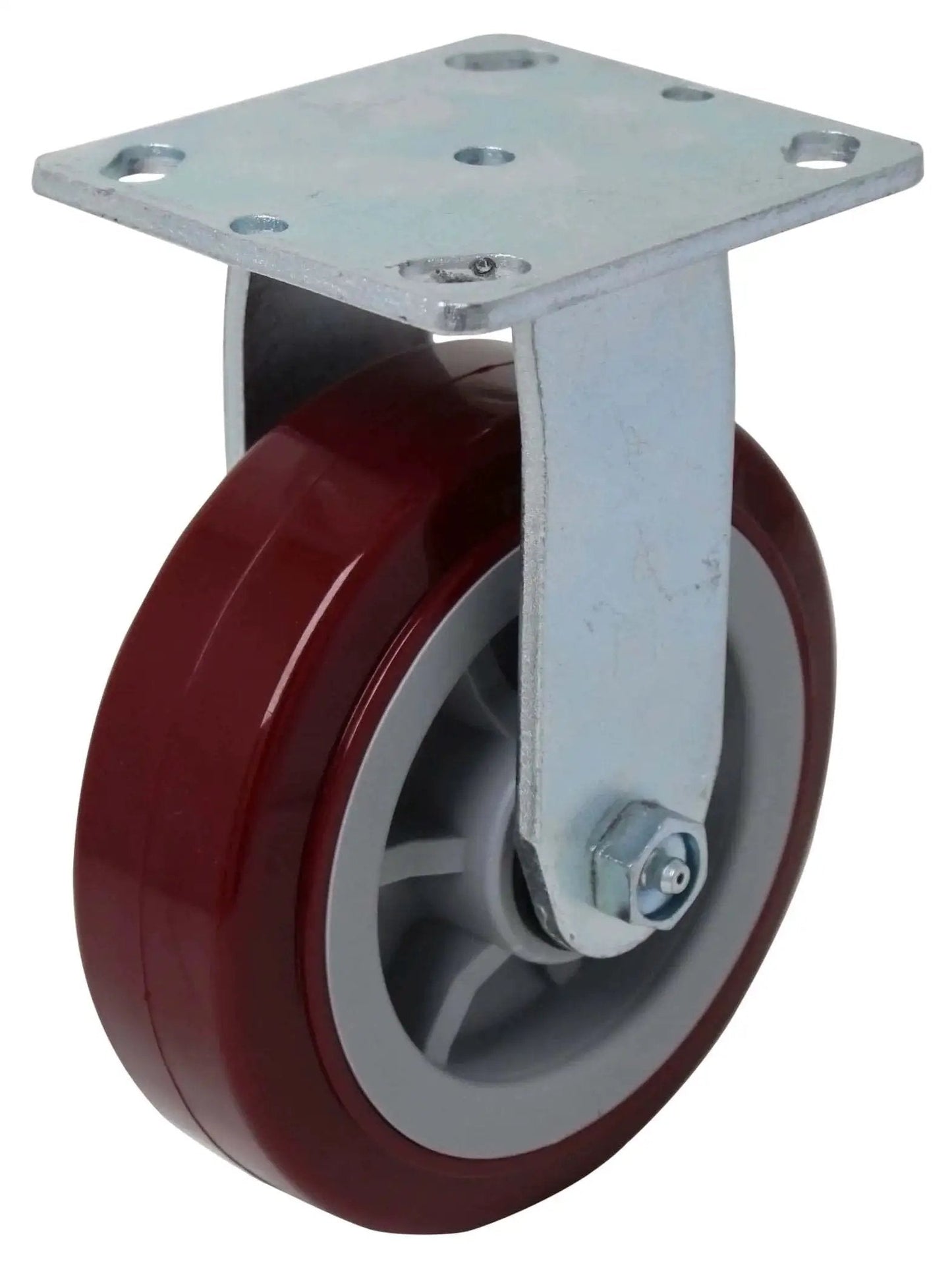 Heavy Duty Industrial Casters 6 Inch By 2 Inch With Top Plate 4 By 4.5 Maroon Two Rigid And Two Swivel Casters With Top Lock Brakes Non Marking Pro Tech Polyurethane Wheels Load Capacity 3600 Lbs Per Set Of Four side view