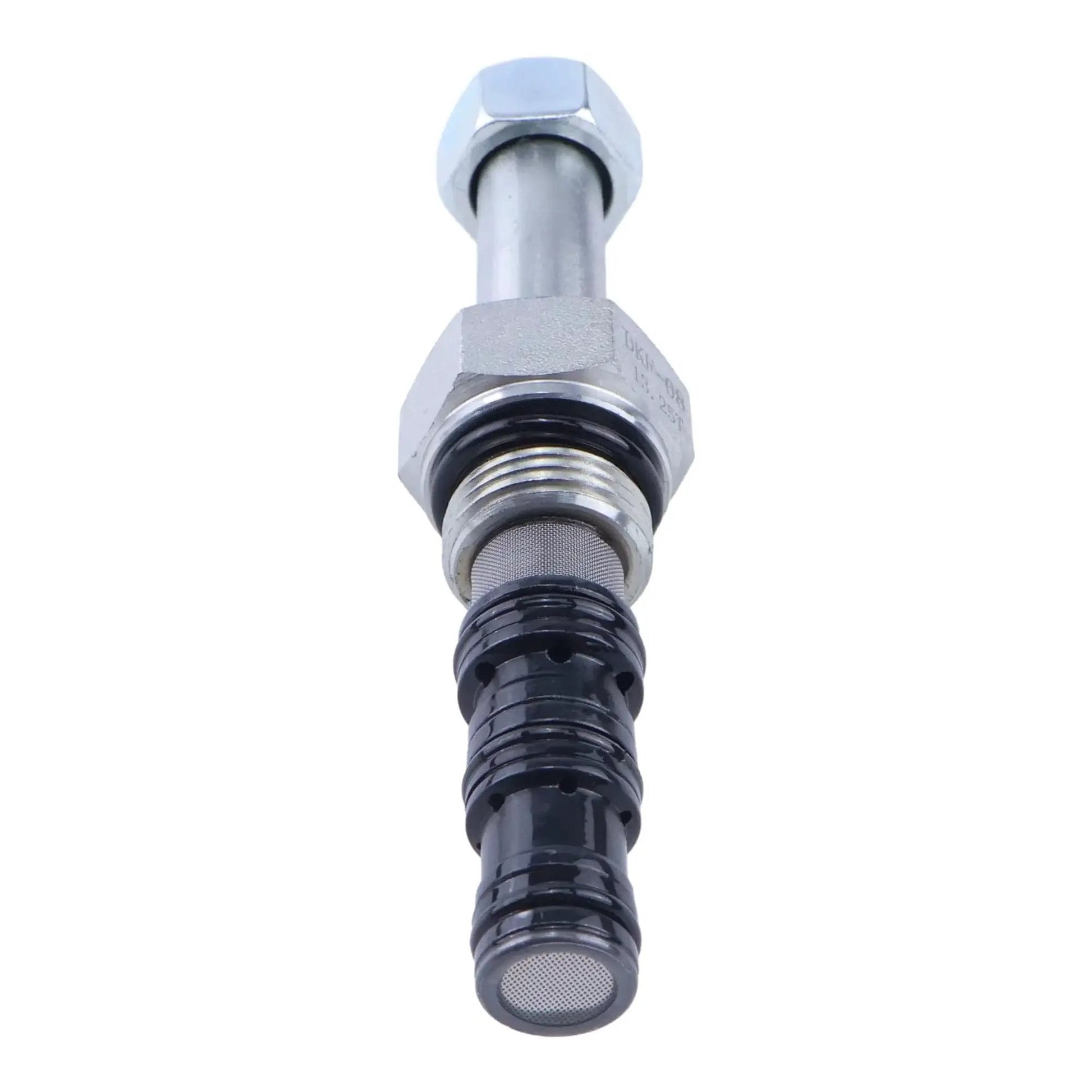 Two Way Lowering Dump Valve Beefy LSPC-080-4-00 LSPC080400 for KTI Hydraulic Power Pumps, silver cylindrical with black fittings