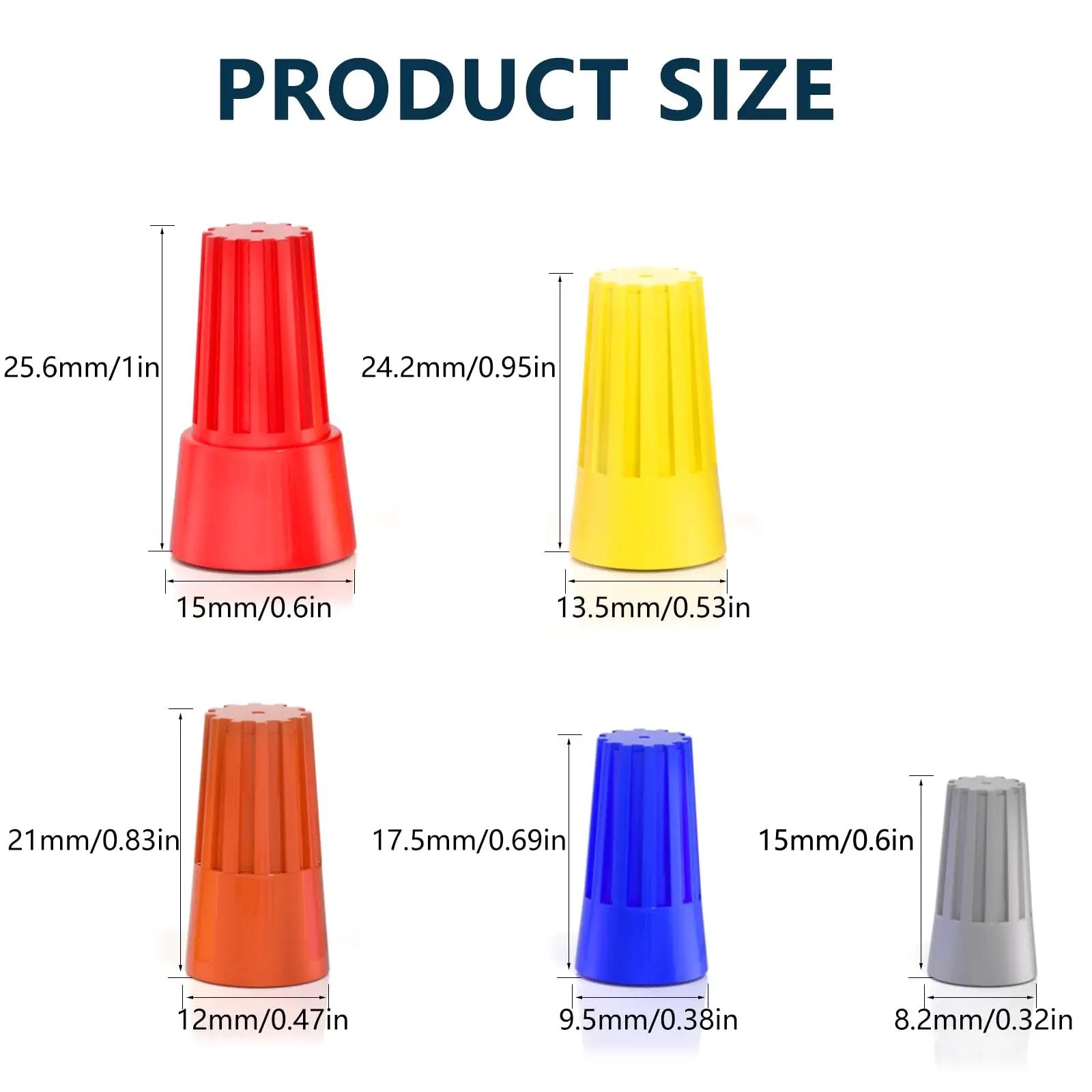 Versatile 25 Pack Wire Nuts For 10 to 22 AWG With Color Coded Twist On Wire Caps Spring Loaded Insulated Connectors Kit For Radios Stereos Speakers Lights Fans And More BURMONG showing product size details