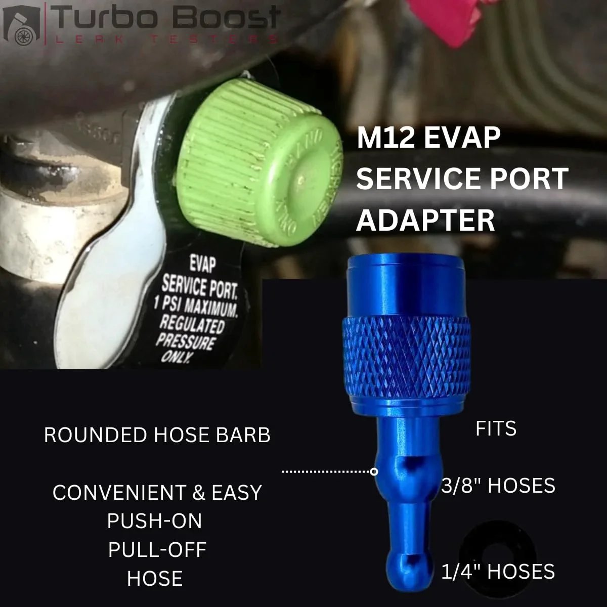 Image showing EVAP service port with green cap and blue adapter from Evap Service Port Connector Kit For Automotive Smoke Machines, 3 Piece Set For Emissions Leak Detection And Diagnostic Testing, Test At EVAP Port Or Any Hose, Includes Free Nozzle Adapter Tool And Schrader Fitting.