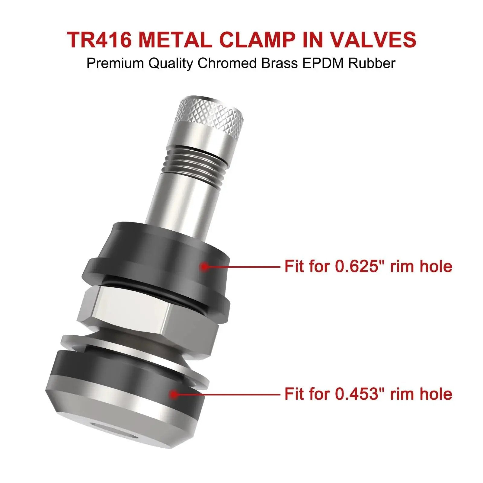 5 Pack Metal Tire Valve Stems Outer Mount Fits 0.453 Inch And 0.625 Inch Rim Holes Brass Chrome Finish EPDM Rubber High Temperature Valve Core Included Clamp In Valves With 1.5 Inch Effective Length And 1 5/8 Inch Overall Length