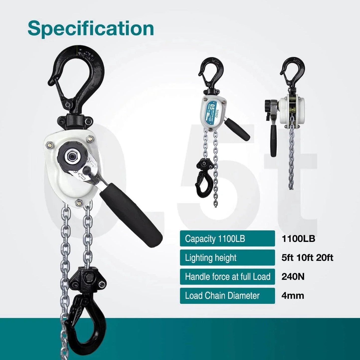 Mini Chain Hoist 1100Lb Manual Lever Hoist One Half Ton Mini Puller 10Ft Hand Lever Chain Hoist front view with specifications.