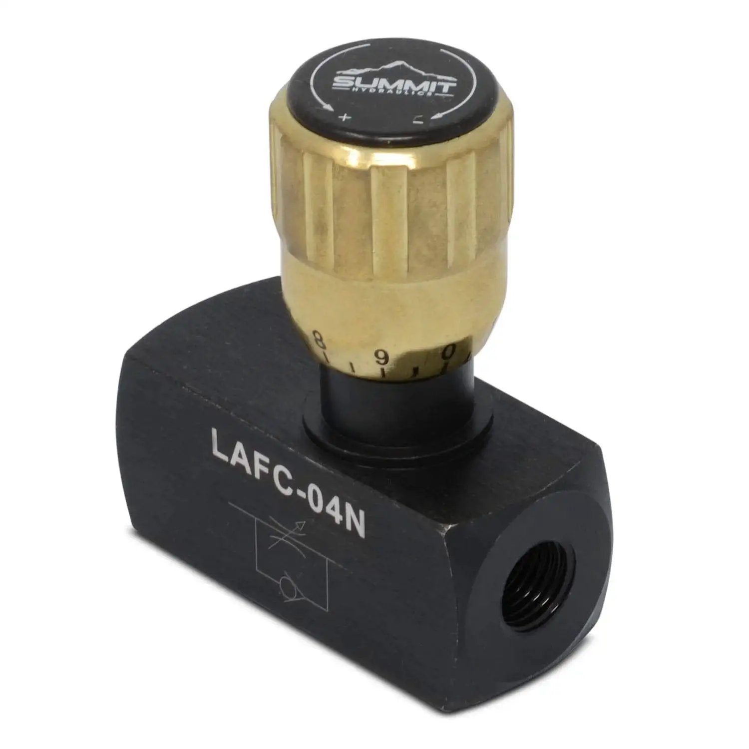 Hydraulic In Line Adjustable Variable Flow Control Valve With Free Rev Flow One Quarter Inch NPT side view