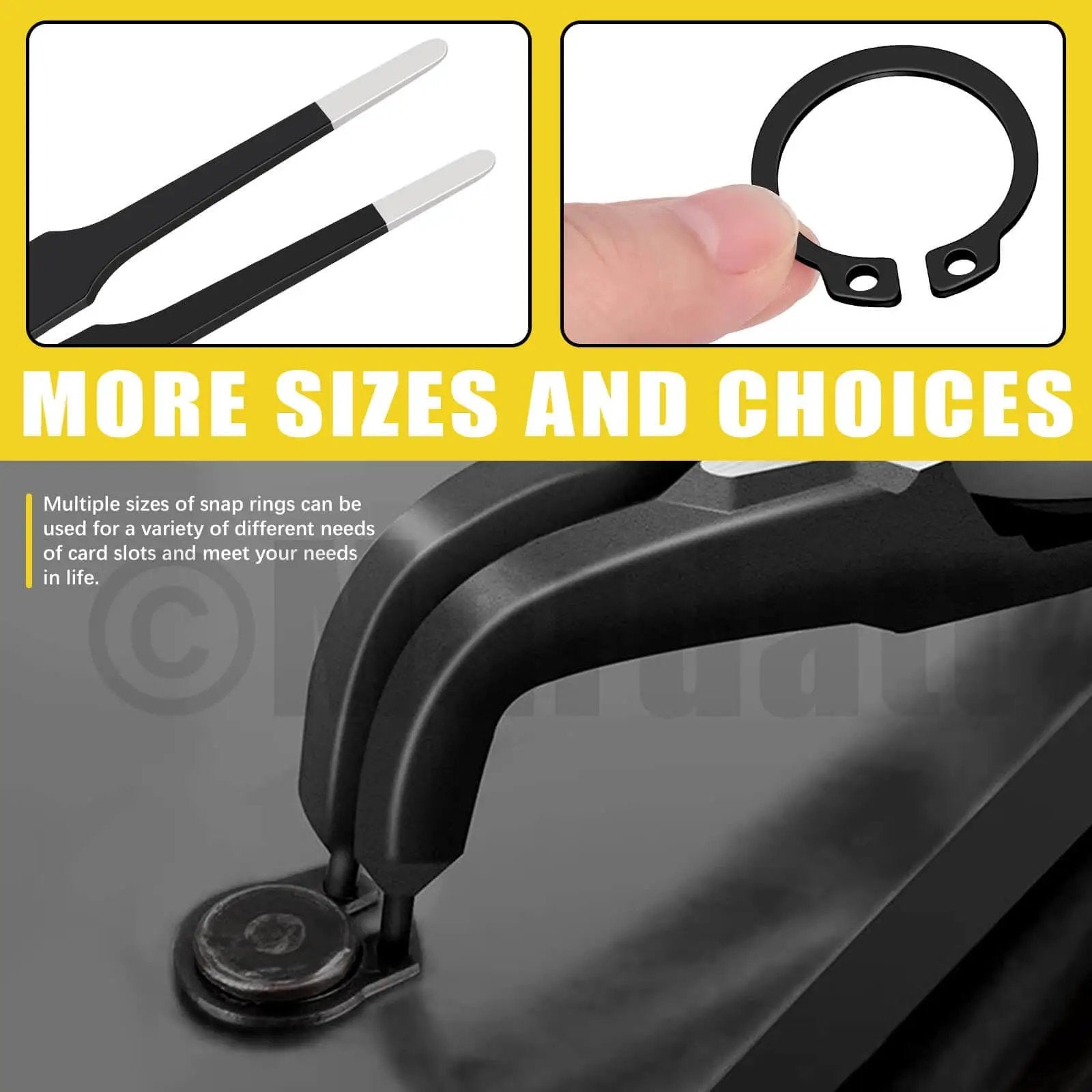 266 Piece External Retaining Rings Kit With 21 Sizes M4 To M28 Circlip Snap Rings and tweezers in use on shaft