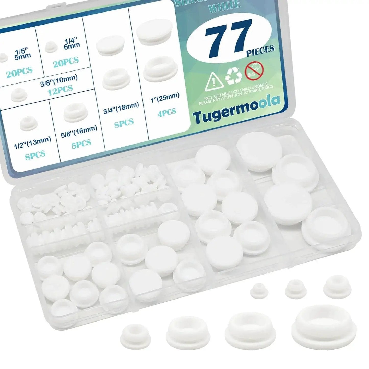 77Pcs White Silicone Hole Plugs Assorted Sizes 5mm 6mm 10mm 13mm 16mm 18mm 25mm Pack for home and automotive repairs displayed in open case