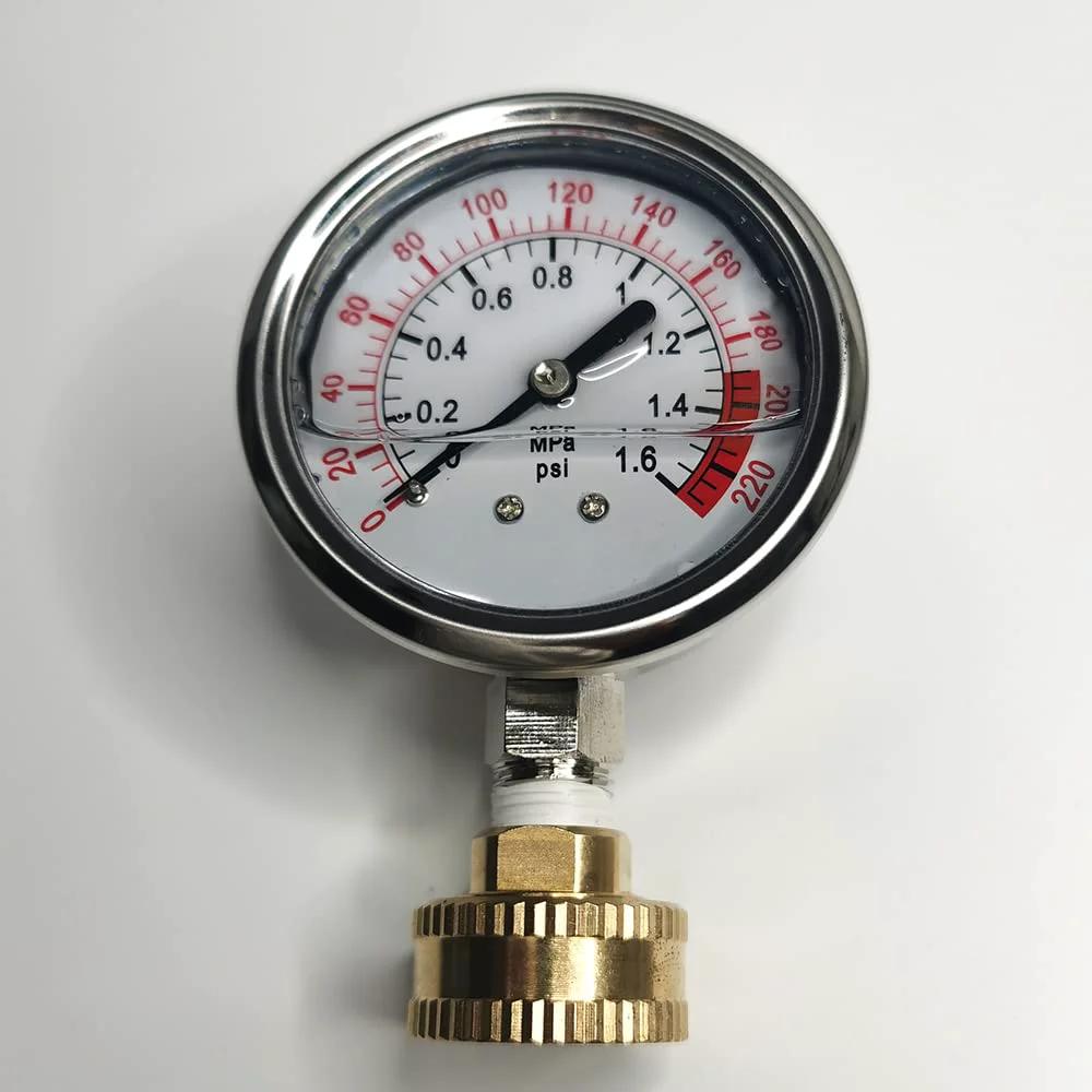 Liquid Filled Stainless Steel Pressure Gauge 0 To 220 Psi Two And A Half Inch Dial Three Quarter Inch Female GHT Garden Hose Thread