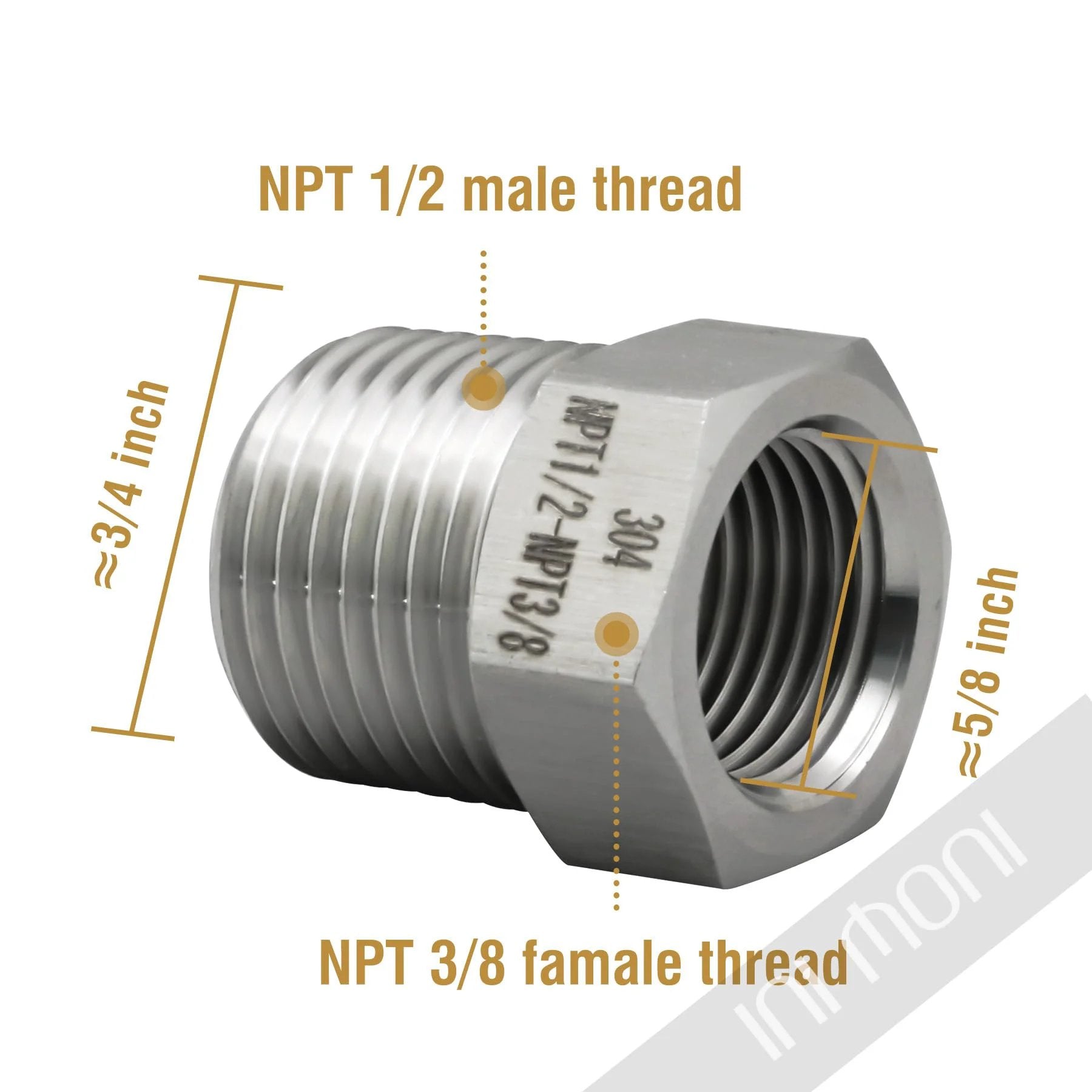 Heavy Duty Stainless Steel NPT Reducer Hex Bushing One Half Inch Male To Three Eighth Inch Female Beefy High Pressure Pipe Fitting For Water Gas Oil Air Hydraulic Systems 2900 PSI