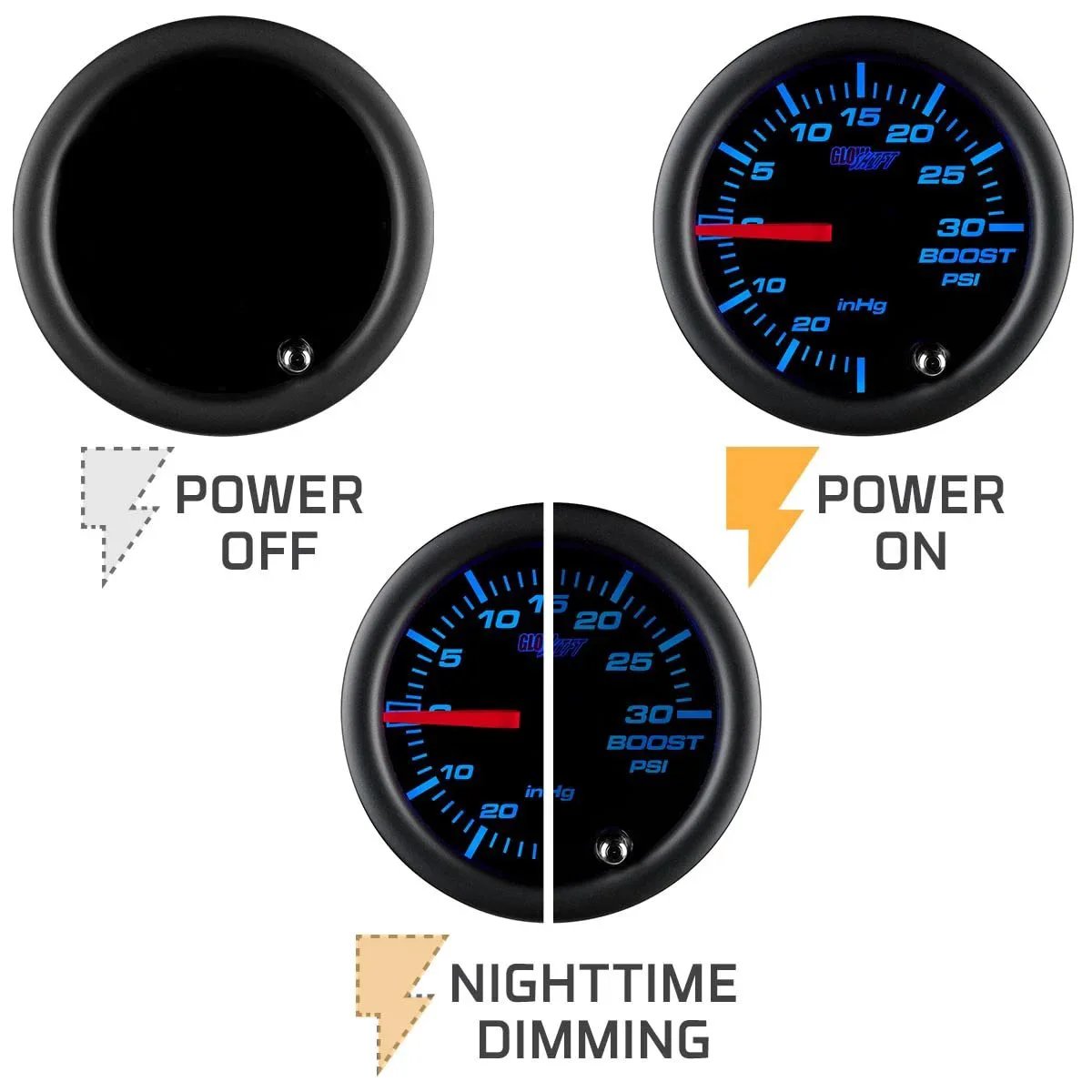 Tinted 7 Color 30 PSI Turbo Boost And Vacuum Gauge Kit With Mechanical Hose T Fitting And Wiring, showing power modes.