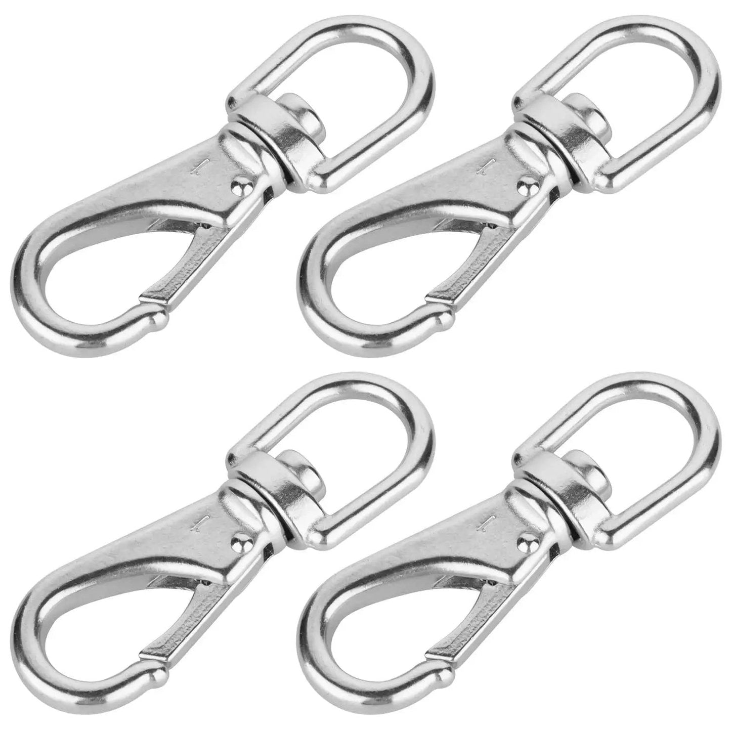 Stainless Steel Swivel Eye Snap Hooks Three Quarter Inch Heavy Duty Pack Of 4, stainless steel construction, pack of four hooks.