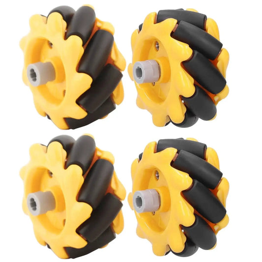 Four 48mm yellow and black Mecanum Wheel Set For DIY Smart Robot Car Omni Directional Wheels compatible with building blocks and TT motors.