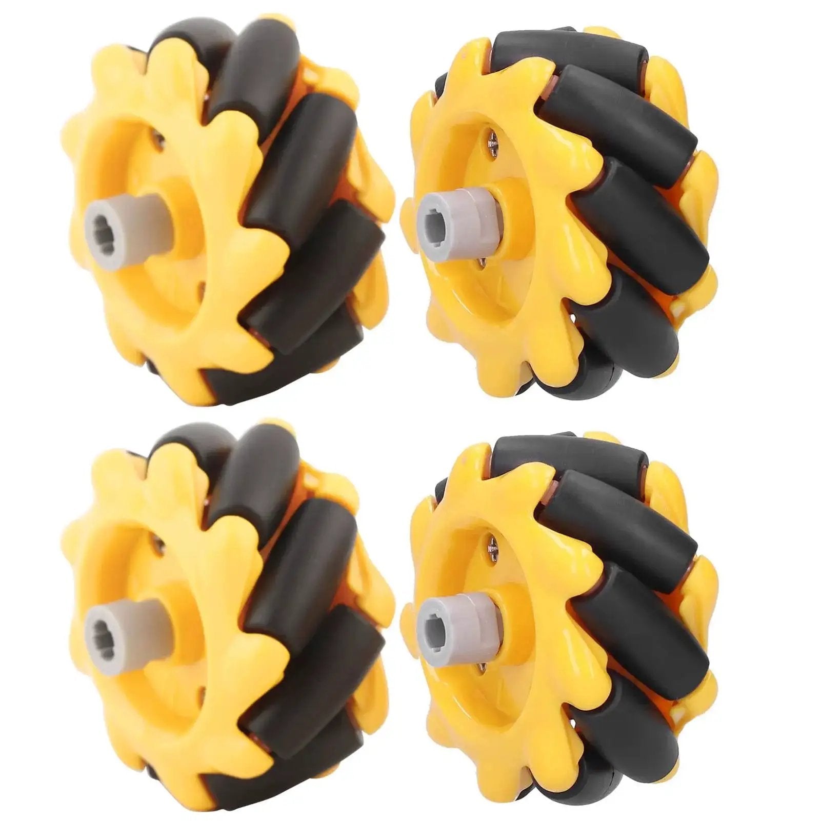 Dope Omni Directional Mecanum Wheels for DIY Robot Car with 48mm rubber coated wheels, 2 pairs, yellow and black durable finish.
