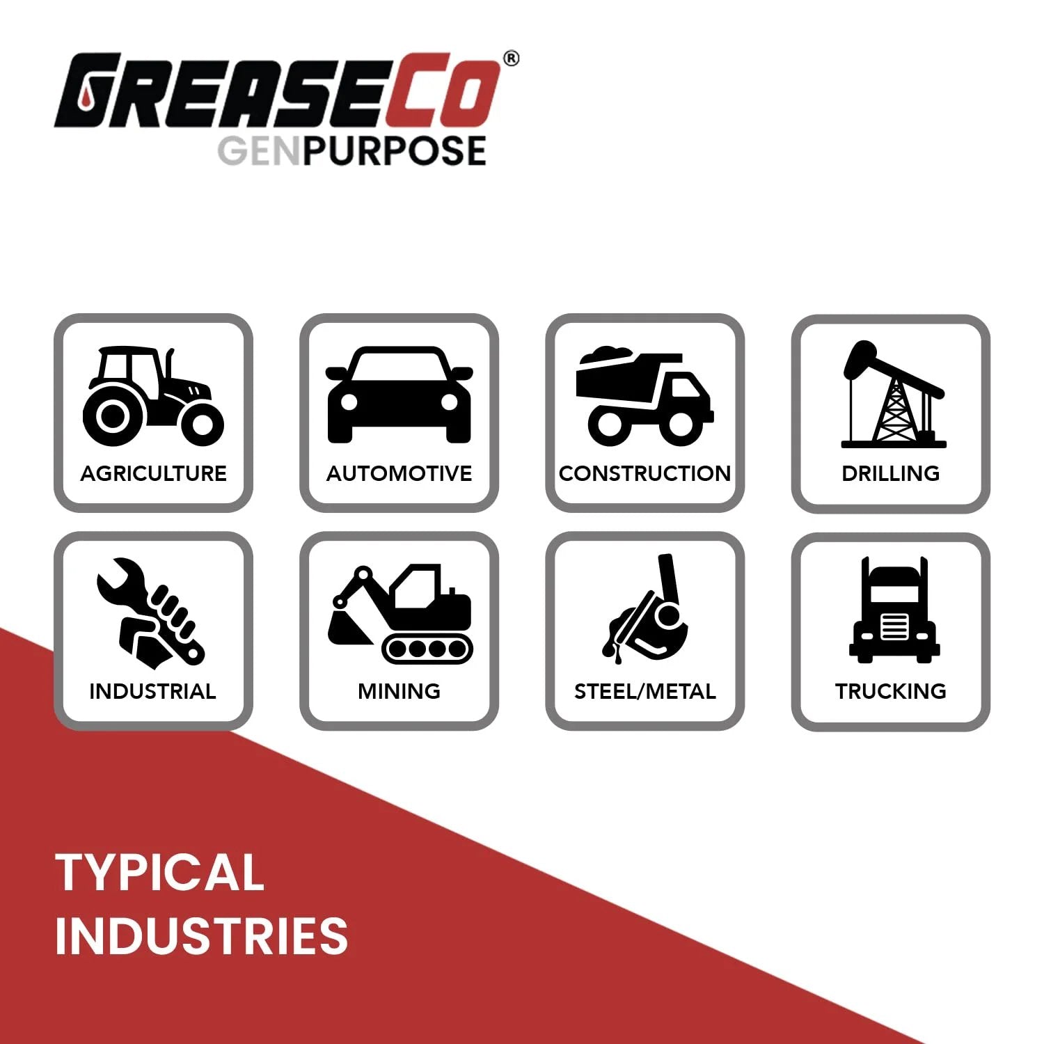 General Purpose Lithium Grease For Grease Guns And Heavy Duty Workhorse Lubricant All Around For Tractor Trailer Axle Farm Jack Winch Motorcycle Lawn Mower Door Tracks RV And ATV Amber NLGI 2 GenPurpose By GreaseCo applicable industries diagram