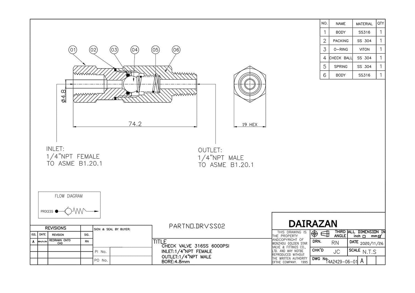 Technical drawing of Inline Ball Check Valve Stainless Steel 316 One Way For Water Oil Gas One Quarter Inch NPT Male To Female