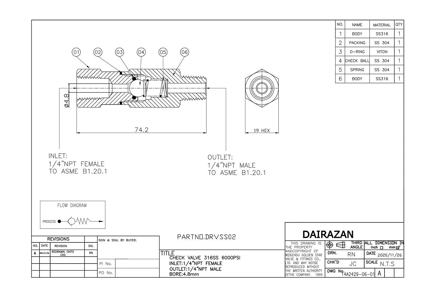 Technical drawing of Inline Ball Check Valve Stainless Steel 316 One Way For Water Oil Gas One Quarter Inch NPT Male To Female
