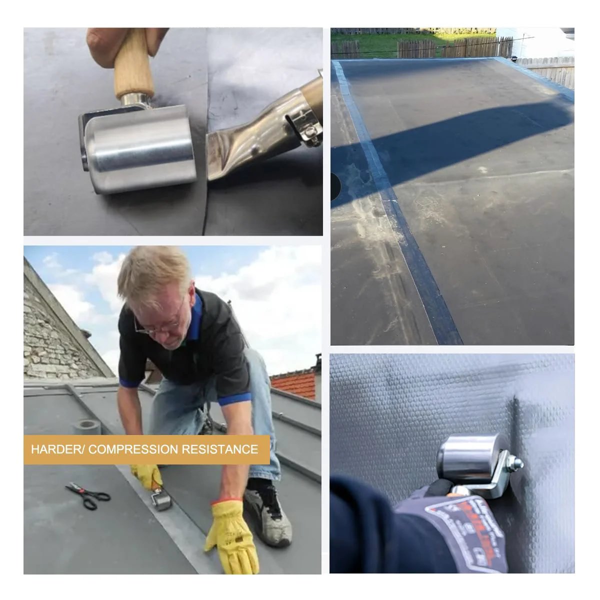 Metal Seam Roller With Wood Handle Stainless Steel Heavy Duty Seven Inch Length Two And A Half Inch Width One Half Inch Handle Diameter Perfect For Eternabond Tape RV Roof Repair Hot Air Welding And Auto Sound Deadening Projects being used on RV roof.