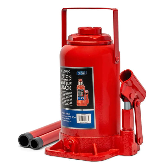 20 Ton Hydraulic Bottle Jack Portable Lift For Trucks RVs Farm Equipment in red steel with handle and label visible