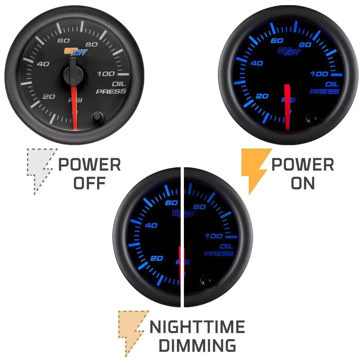 Three views of Seven Color Oil Pressure Gauge Kit For Cars And Trucks With Zero To One Hundred PSI Range, showing power off, on, and dimming modes.
