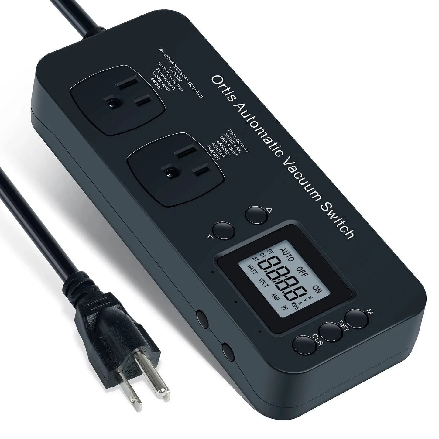 Automatic Vacuum Switch for Power Tools with Auto On Off Function, Ortis Dust Control Autoswitch, shown with outlets and display.