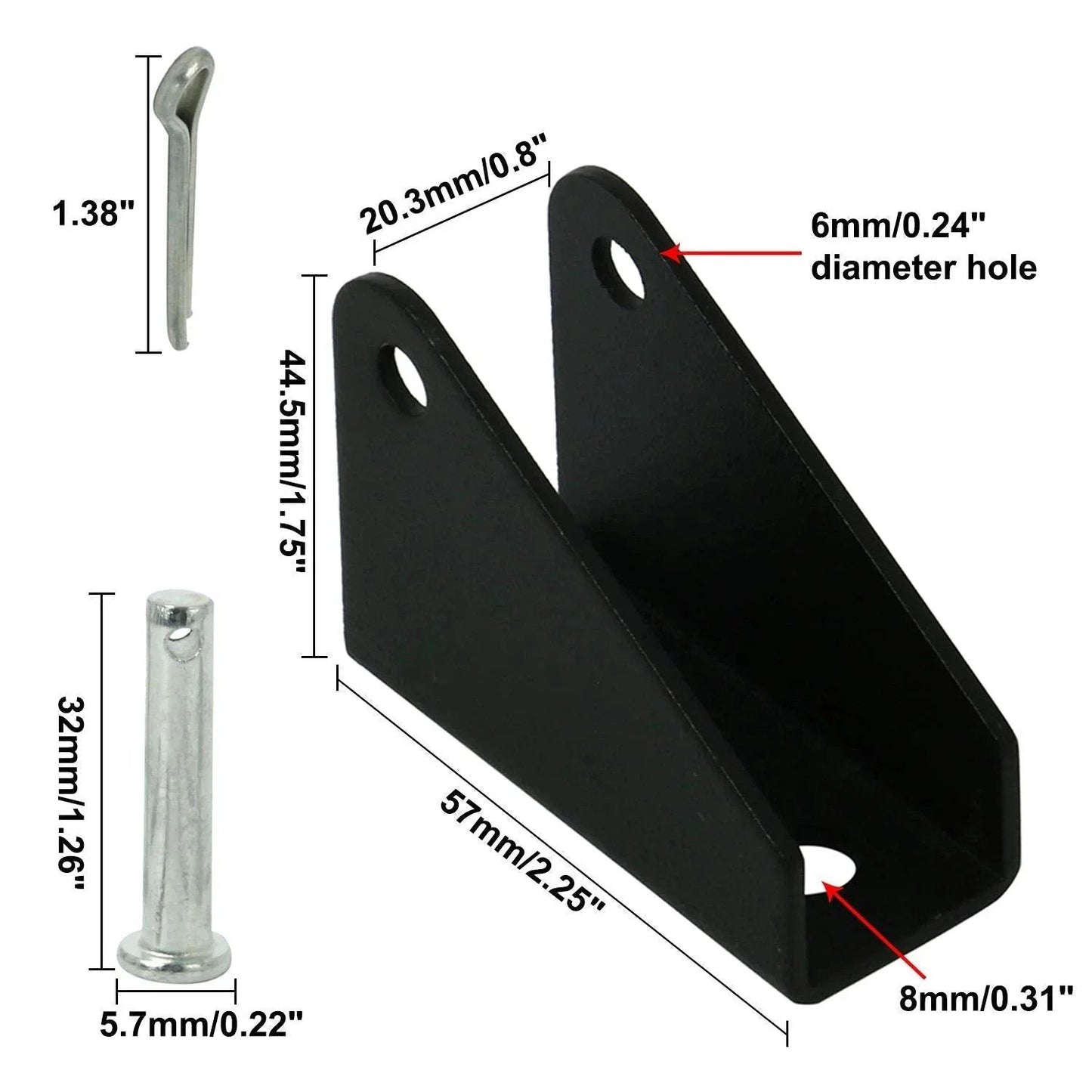 Two Pack Black Heavy Duty Steel Mounting Brackets For Linear Actuators With 6mm Holes And About 20mm Spacing Iron Steel Rust Resistant 350 Lb Load Capacity Fits Most Actuators showing dimensions and components