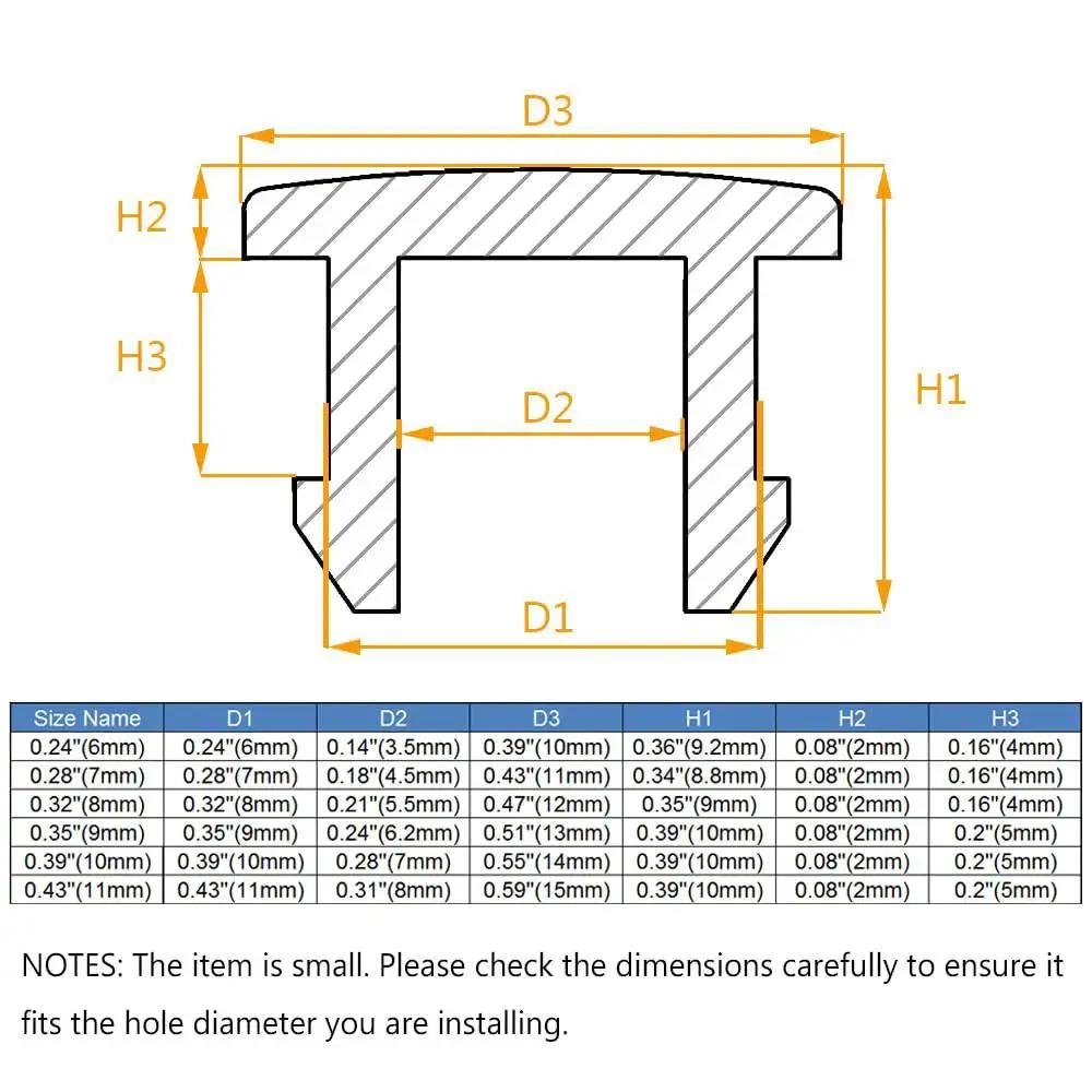 Diagram of dimensions for Premium Silicone Rubber Hole Plugs For 8mm Diameter Holes Waterproof Sealing Plugs with chart.