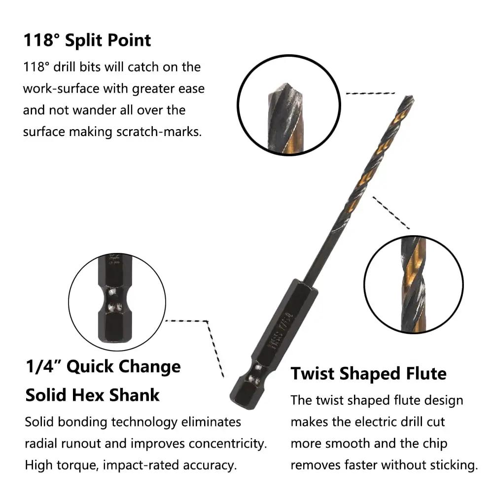 Diagram of 10 Pcs 7 64th Inch Impact Hex Drill Bit Set With Quick Change Driver HSS Black Gold Bits features, showing split point and shank.