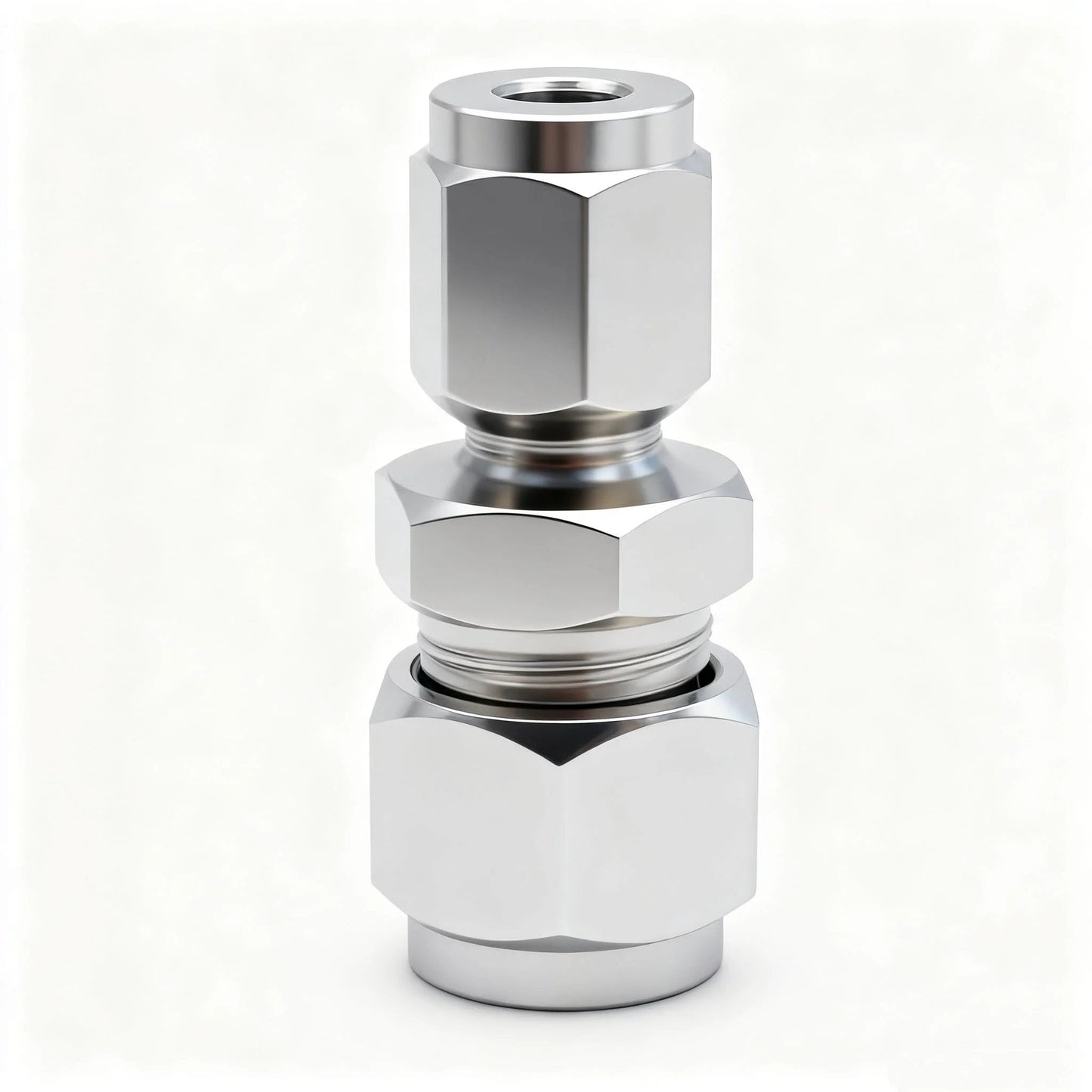 Premium 304 Stainless Steel Compression Tube Fitting Reducing Union With Double Ferrule Straight Adapter One Quarter To Three Eighths Inch Tubing For Fuel Oil Air And Some Corrosive Liquids Corrosion Resistant And High Temp Tolerant Two Pack Lophtnix side view of stainless steel reducing union fitting