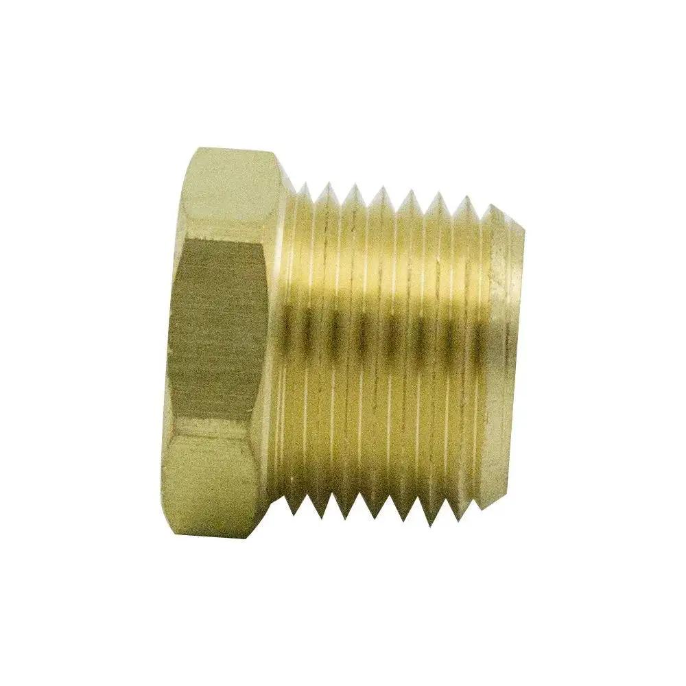 Side view of Brass Pipe Fitting Hex Bushing One Half Inch NPT Male To Three Eighth Inch NPT Female Adapter 1200 PSI Pack Of 2.
