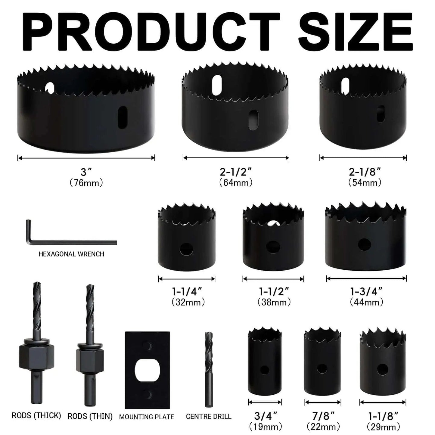 Durable 14 Piece Hole Saw Kit With Mandrel And Accessories For Soft Wood And PVC Board Home Projects Includes Nine Hole Saw Sizes From Three Quarter Inch To Three Inch With Mounting Plate Hex Key Pilot Drills And Two Arbors METOTY parts layout.