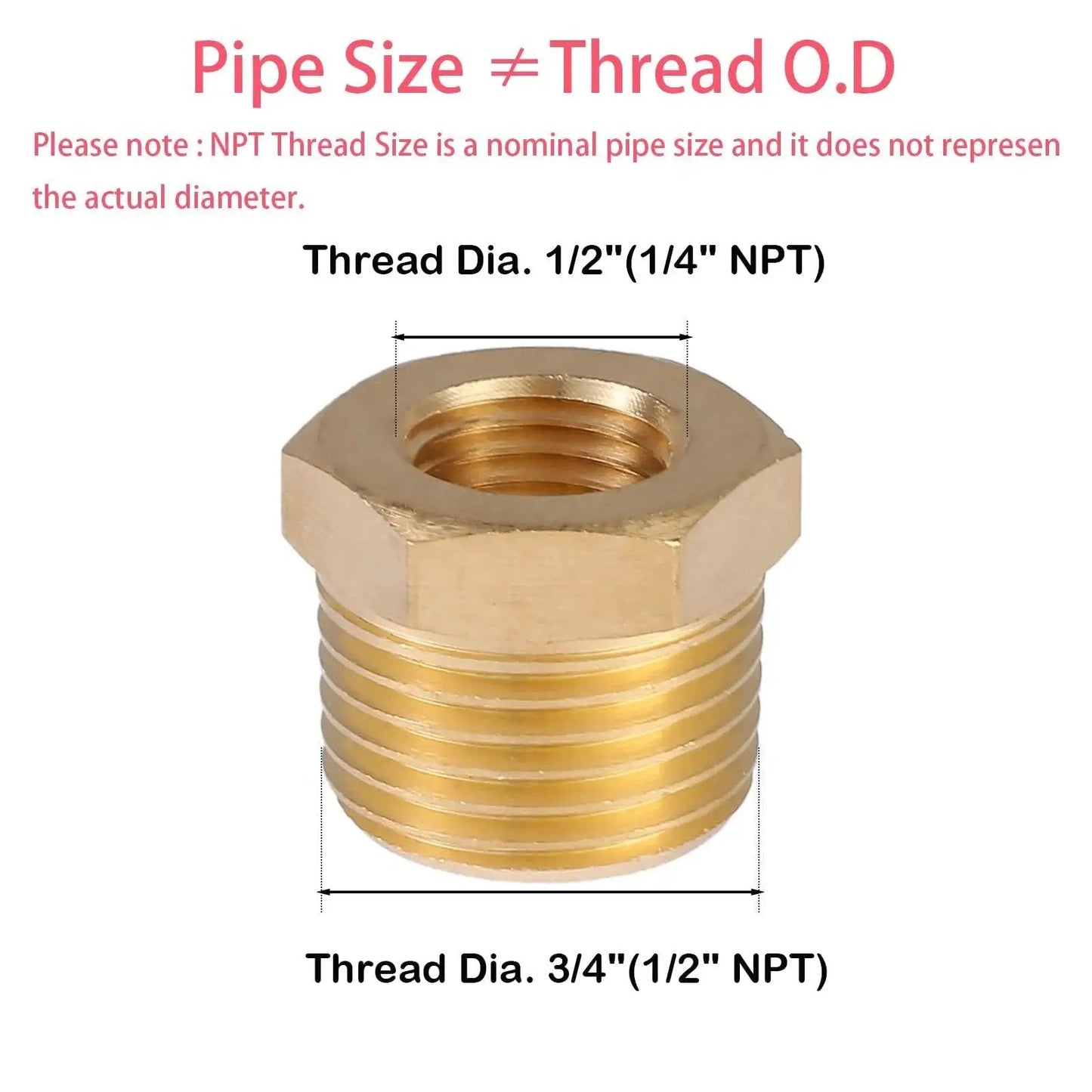 Brass NPT Reducer Bushing 1/2 Inch Male To 1/4 Inch Female Reducing Pipe Fitting with thread size diagram