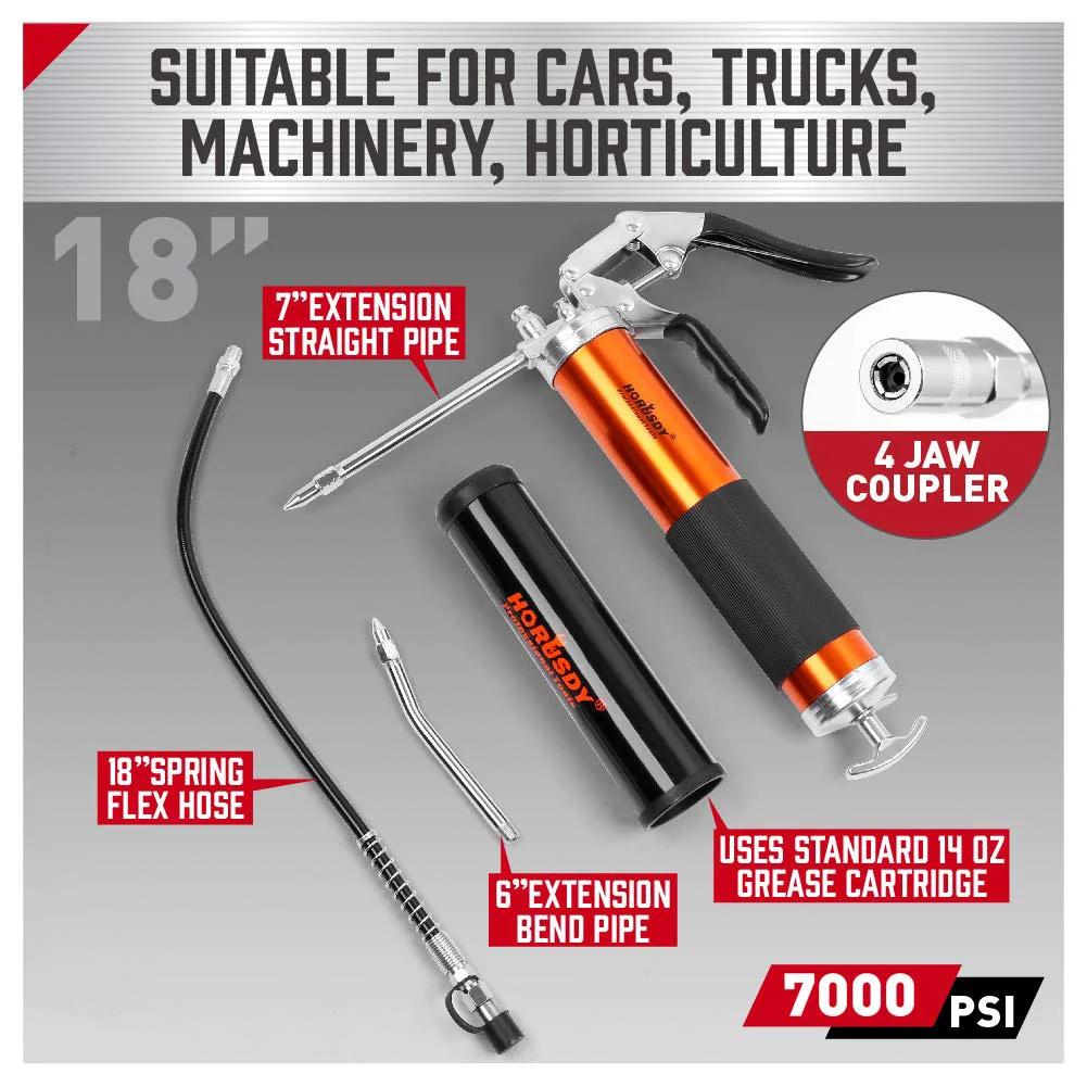 Heavy Duty Grease Gun Kit With 14oz Tubes, 7000 PSI High Pressure, 18 Inch Spring Flex Hose, 2 Working Couplers, 2 Extension Rigid Nozzles, 1 Sharp Nozzle Included, Lightweight Aluminum Build, Rust Resistant For Tough Farm And Shop Use From HORUSDY displayed with components