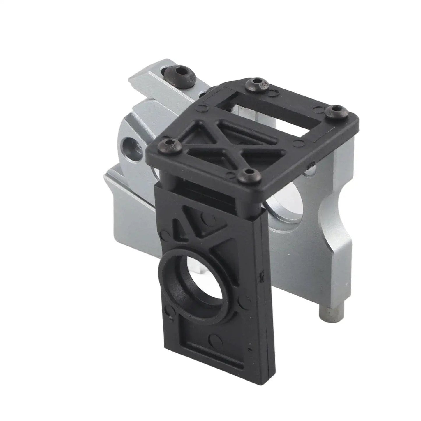 One Eighth Scale RC Brushless Motor Mounting Kit Sturdy Motor Base Mounting Holder With Fixed Mount Go To Easy Install Conversion Kit Accessory For One Eighth Electric RC Cars Reliable Durable Motor Mount To Power Your Ride shown in aluminum and black plastic with fixed mounting holes