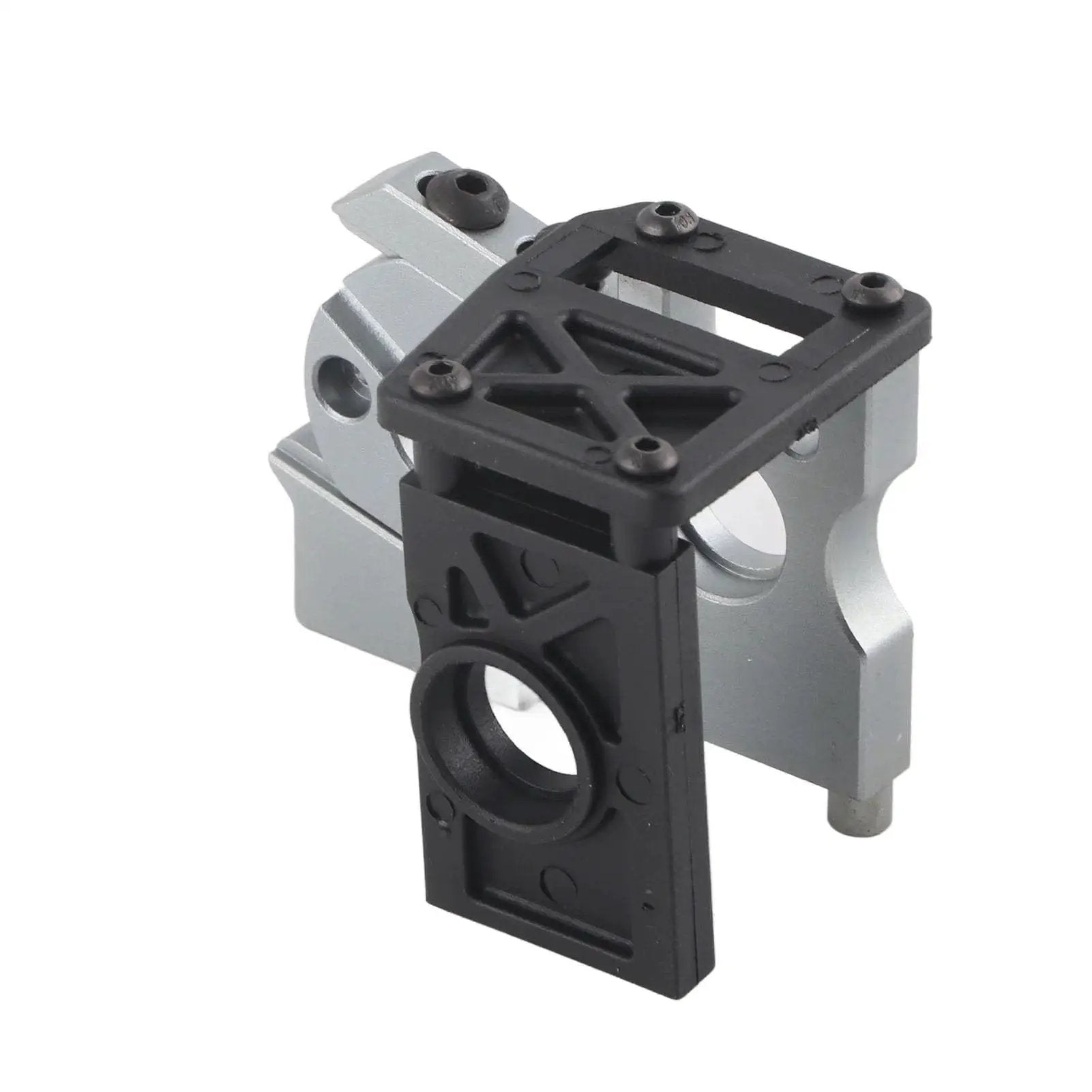 One Eighth Scale RC Brushless Motor Mounting Kit Sturdy Motor Base Mounting Holder With Fixed Mount Go To Easy Install Conversion Kit Accessory For One Eighth Electric RC Cars Reliable Durable Motor Mount To Power Your Ride shown in aluminum and black plastic with fixed mounting holes