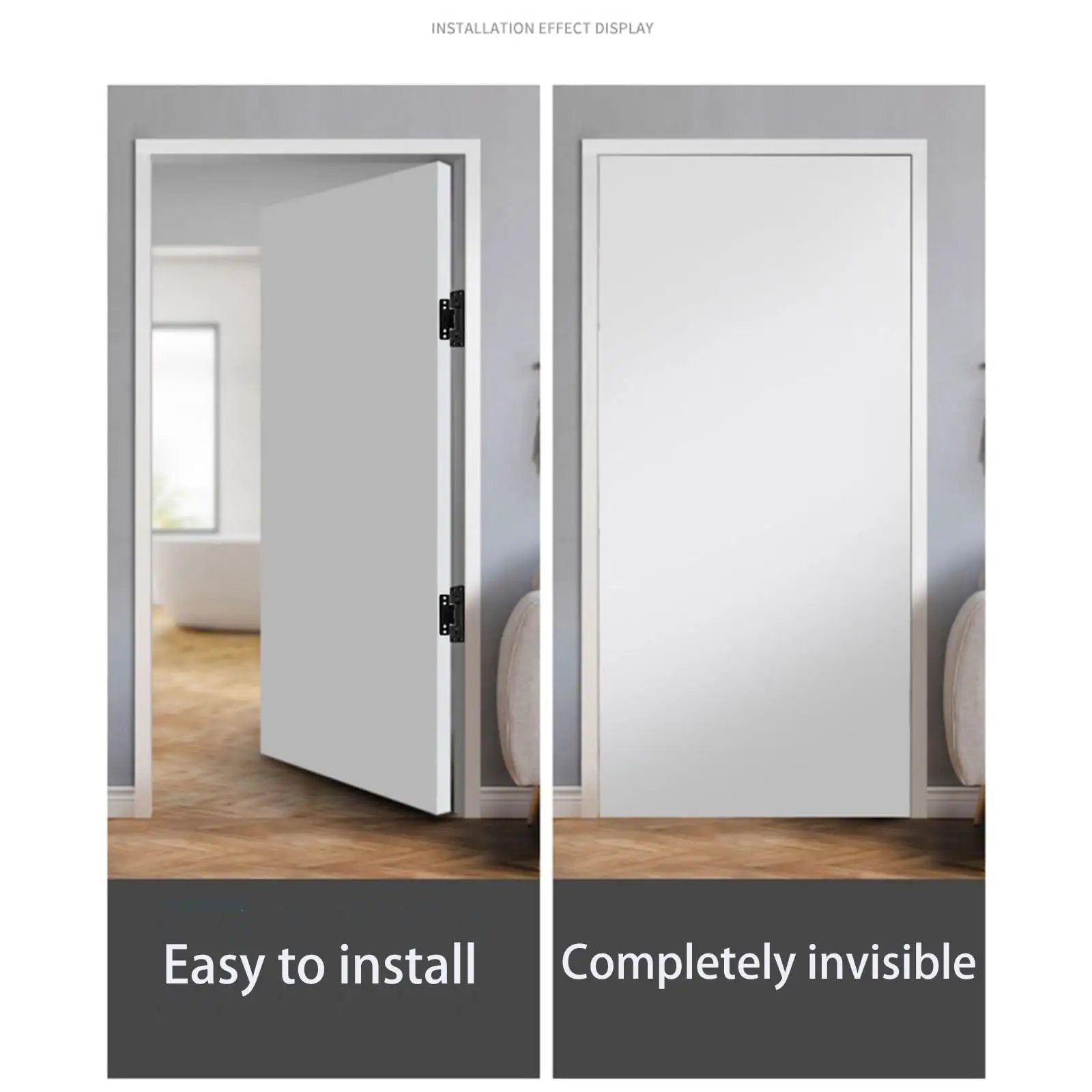 Ultra Thin Hidden Door Hinges 2 Pack Next Level Adjustable Concealed Butt Hinges For Secret Doors 110 Lb Load Bearing installed view
