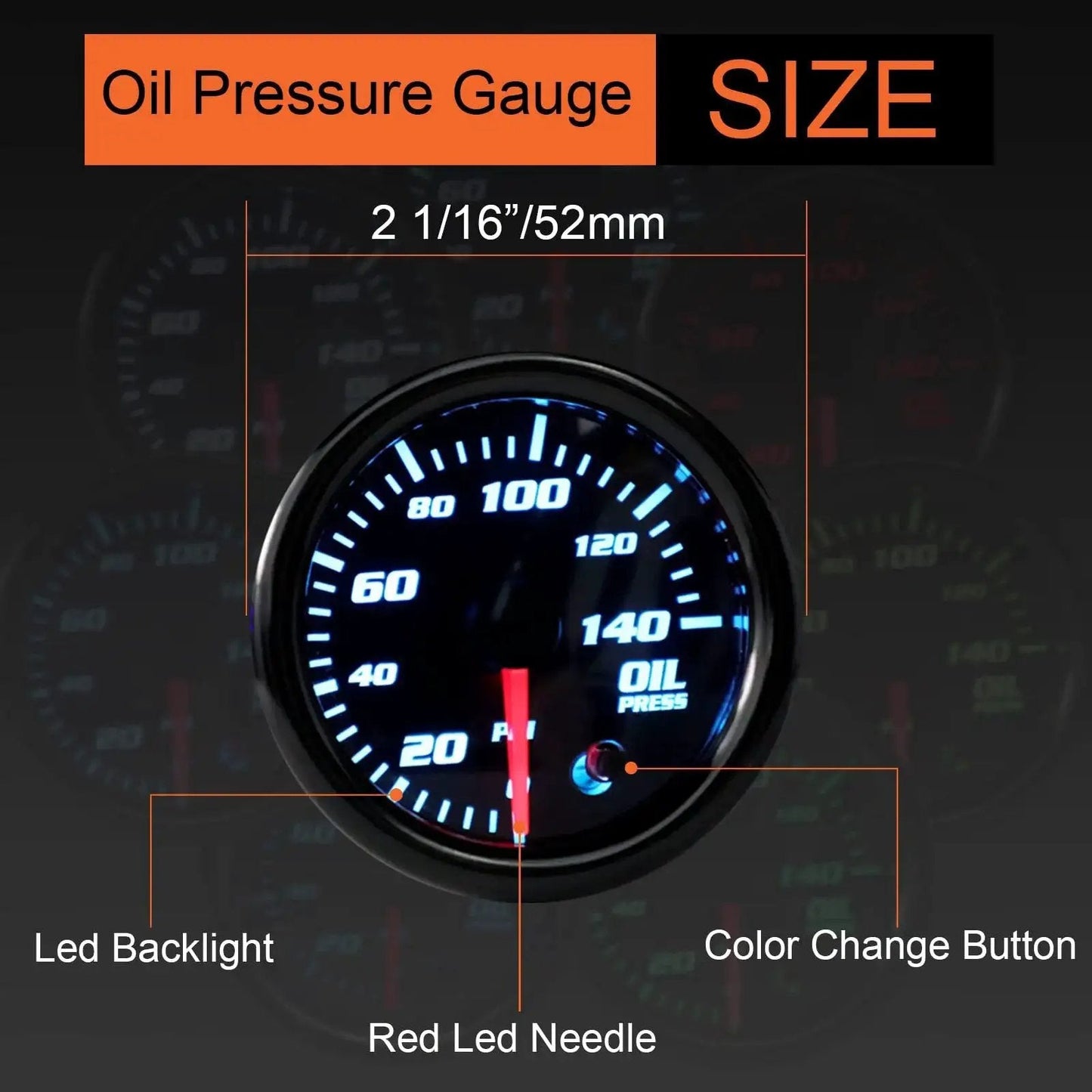 7 Color LED Backlit Oil Pressure Gauge 0-140 PSI 52mm 2 And 1 16 Inch Dial with Sensor displayed with LED needle