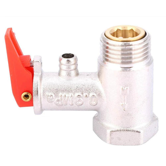 Side view of Heavy Duty Water Heater Safety Valve FTVOGUE with brass plated body, featuring G1/2in bottom inlet and 0.9MPa pressure relief.