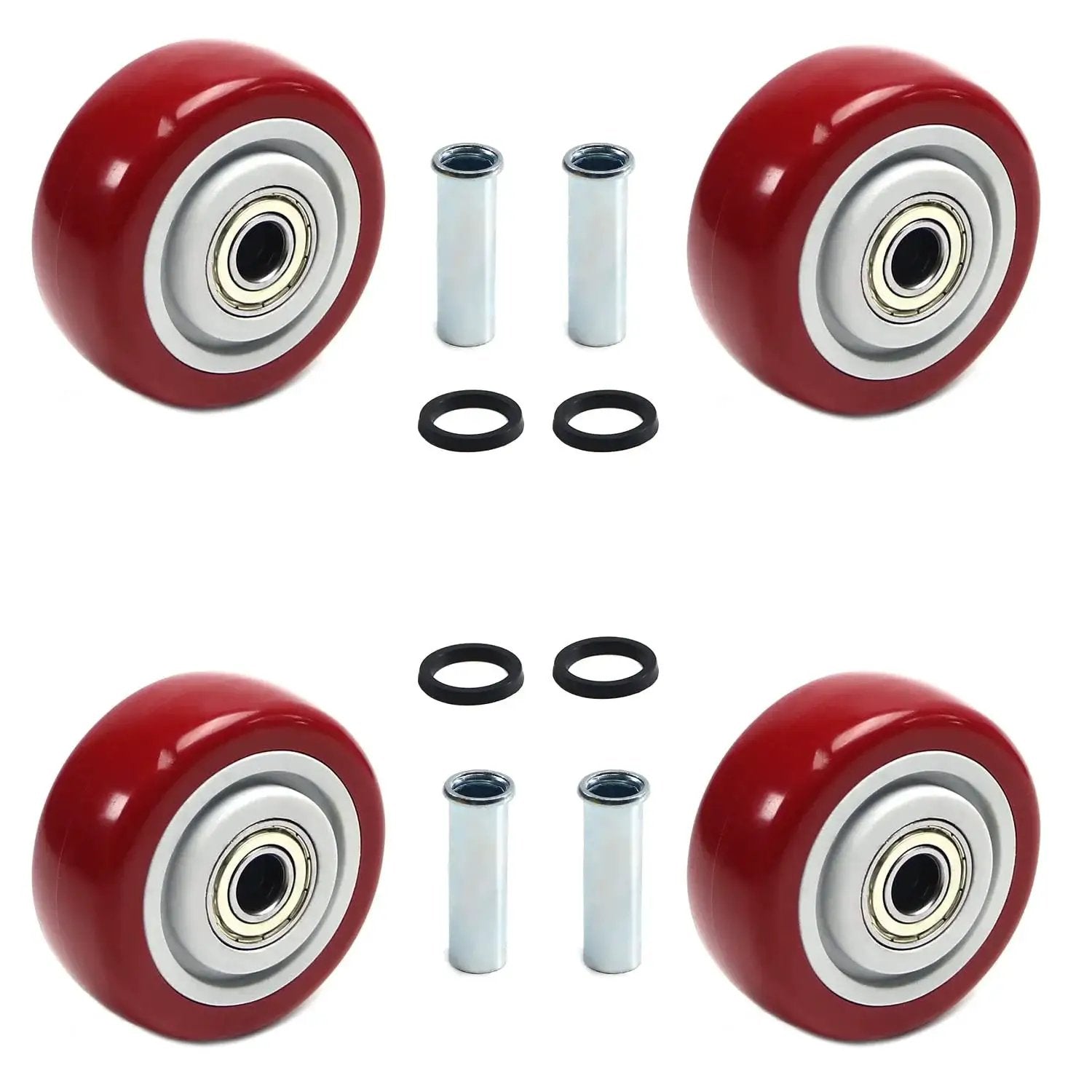 4 Pack 3 Inch PU Caster Wheels With 3 By 8 Bore Heavy Duty Plate Casters For Platform Trucks And Trolleys shown with accessories