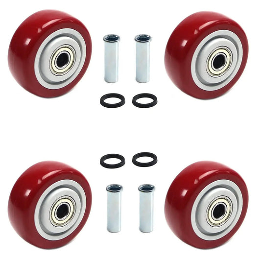 4 Pack 3 Inch PU Caster Wheels With 3 By 8 Bore Heavy Duty Plate Casters For Platform Trucks And Trolleys shown with accessories